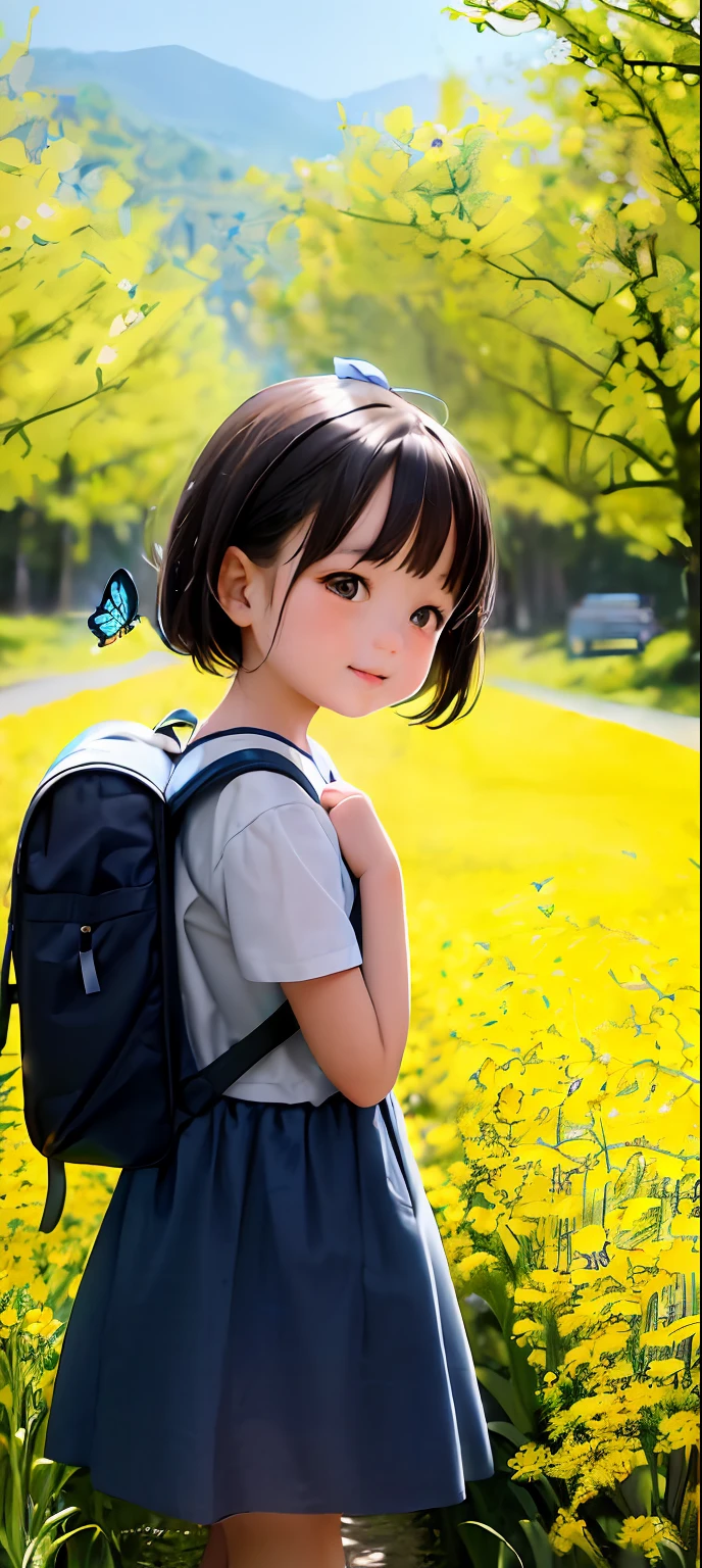 An incredibly charming *********** carrying a backpack, accompanied by her adorable puppy, enjoying a lovely spring outing surrounded by beautiful yellow flowers and natural scenery. The illustration is in high definition at 4k resolution, with highly-detailed facial features and cartoon-style visuals, (Butterfly Dance)