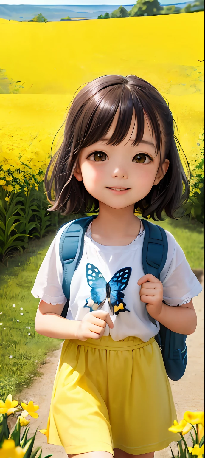 An incredibly charming *********** carrying a backpack, accompanied by her adorable puppy, enjoying a lovely spring outing surrounded by beautiful yellow flowers and natural scenery. The illustration is in high definition at 4k resolution, with highly-detailed facial features and cartoon-style visuals, (Butterfly Dance)