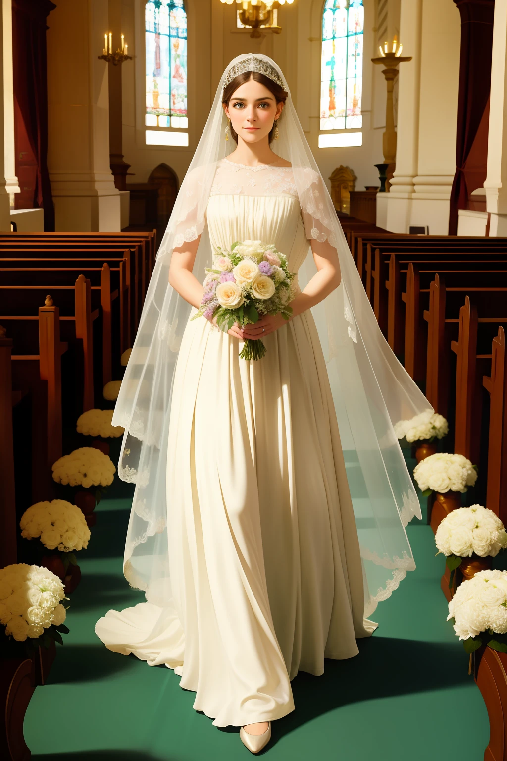 (masterpiece), 19th century, a girl in a wedding dress walks to the altar, a transparent veil covers her face, a bouquet of flowers, church decorations, ultra-high resolution, neckline, full-length body, an unsurpassed masterpiece, a perfect work of art, realistic painting, oil paint, the best quality, High background detail, painterly drawing, Rows of benches, Low contrast, extremely detailed face, (ideal face: 1.5), Essence, Softness of light, candles, art by Vasily Pukirev and John Singer Sargent and Gustave Courbet and Ilya Repin