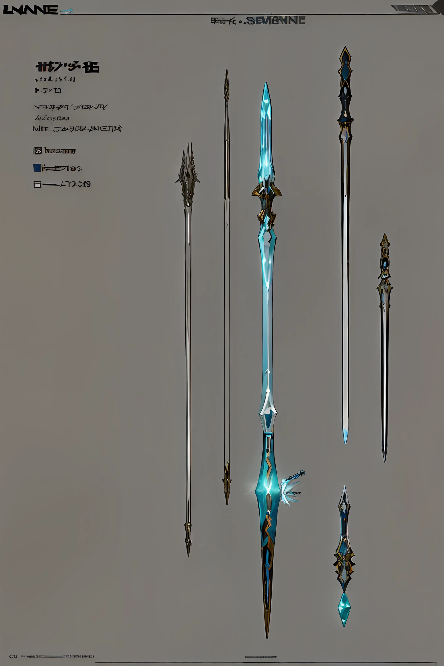 Weapon design tables, concept art, ((lance weapon)), ((ice element)), ((film)), (subtle lighting), (perfect shadows), (gorgeous), (perfect proportions), (intricate details),masterpiece, (best quality)