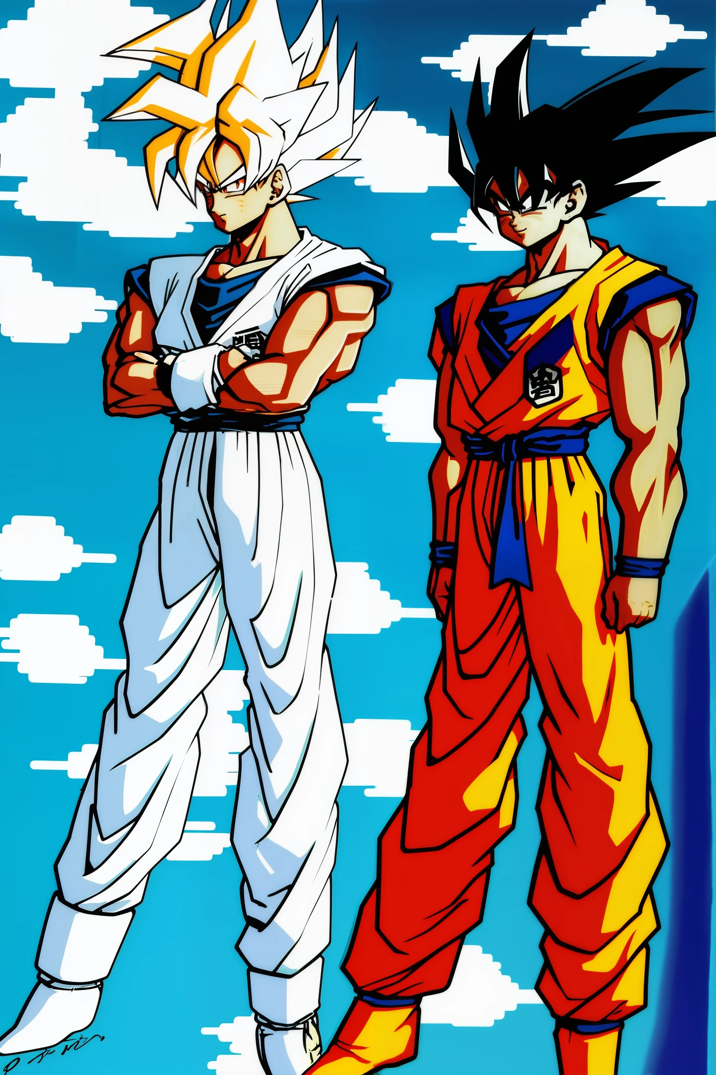 son_goku, twins, standing side-by-side, super_saiyan_god, dark hair, dark skin, full_body, realism, smile, action_pose, aura, seen from a dramatic ((front view)).