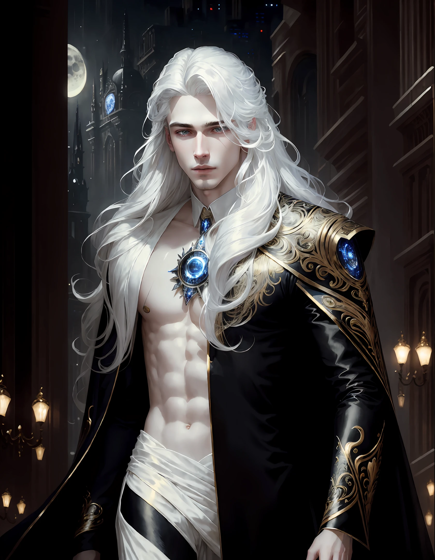 masterpiece, highest quality, (solo focus), (perfect face:1.1), (high detail:1.1),dramatic, 1guy, (pale skin), long white hair, white eyes, solo, long hair, moon, night, white luxury suit, covered navel, pouty lips, covered, futuristic city, detailed background, art by artgerm and greg rutkowski, gothic renaissance, cinematic lighting,