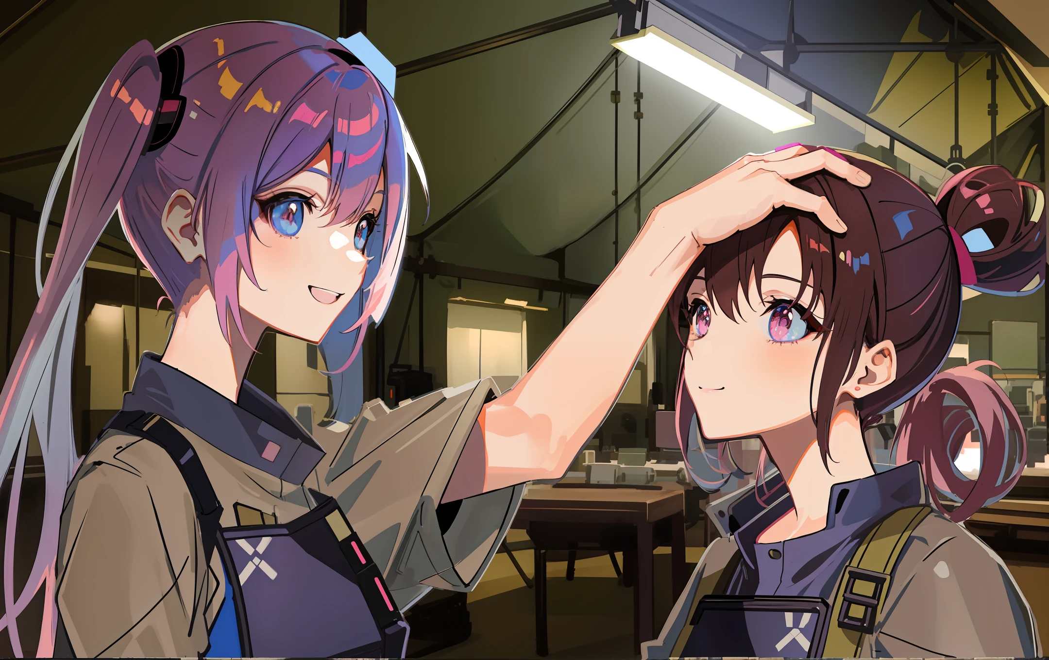 smiling anime girl with pink haired blue eyed twin tails touching head of dark hair red eyed tsundere, anime moe artstyle, wearing full military gear, (modern soldier), (military holster), brown outfit, black body armor, dark outfit, (contrasting outfit), military tent interior background. Tatsuya Endo, Greg Rutkowski, Pixiv, Artstation