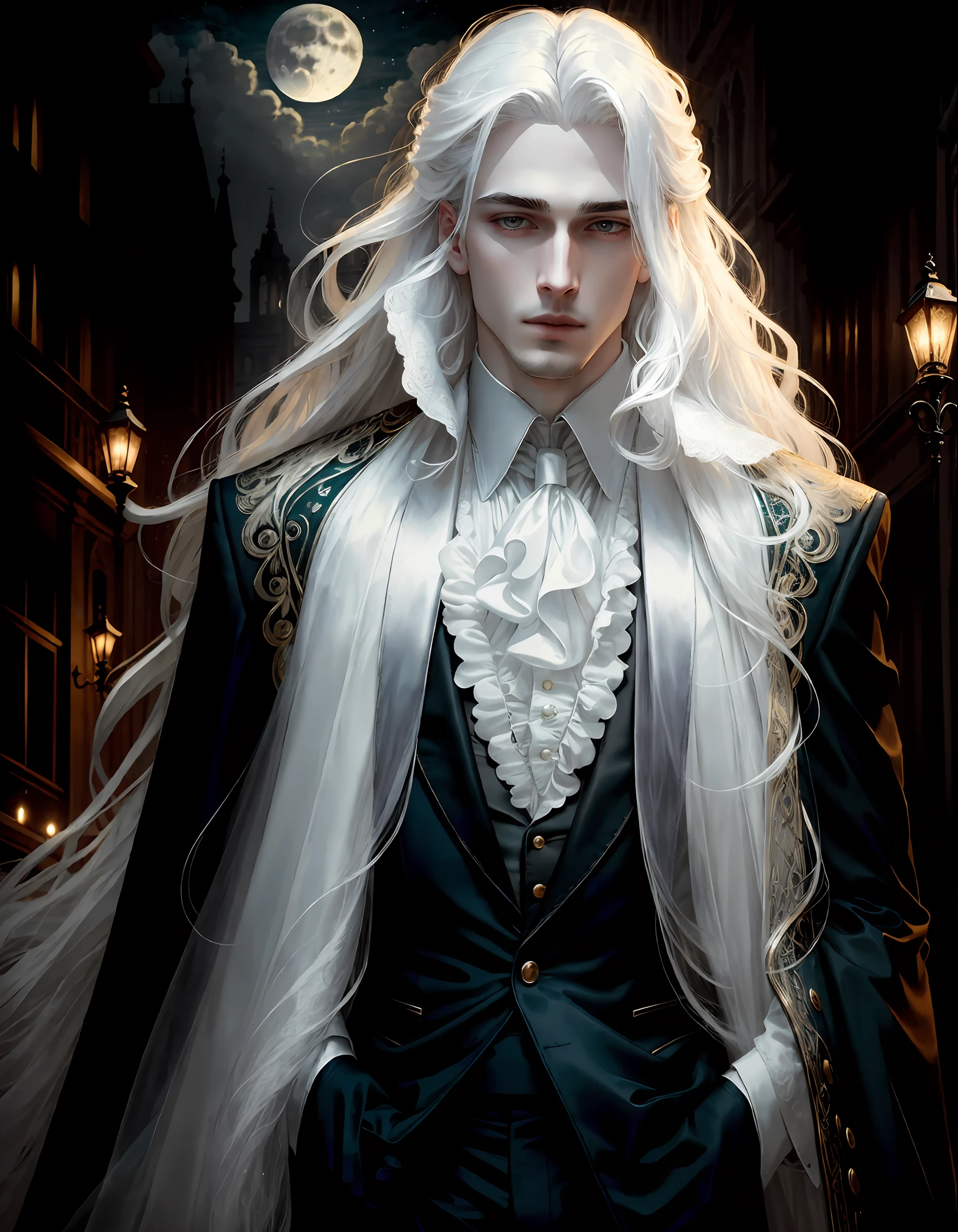masterpiece, highest quality, (solo focus), (perfect face:1.1), (high detail:1.1),dramatic, 1guy, (pale skin), long white hair, white eyes, solo, long hair, moon, night, white luxury suit, vampire, covered navel, pouty lips, covered, victorian city, detailed background,  gothic renaissance, cinematic lighting,