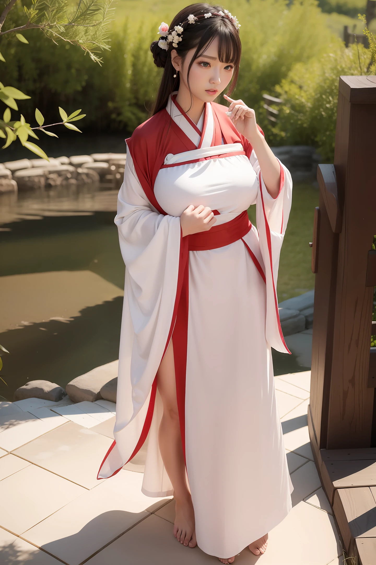 (4k, best quality), (realistic, photo-realistic), perfect touch, cute, model, (shut up) huge breasts, standing barefoot,, beautiful and detailed eyes, perfect female body, messy hair, big breasts( Torn clothes), wide hips, narrow shoulders, 1girl wearing hanstyle, bare thighs, torn and torn Tang-made Hanfu (no underwear, broken cloth strips), (hanstyle, hanfu, full body: 1.2)