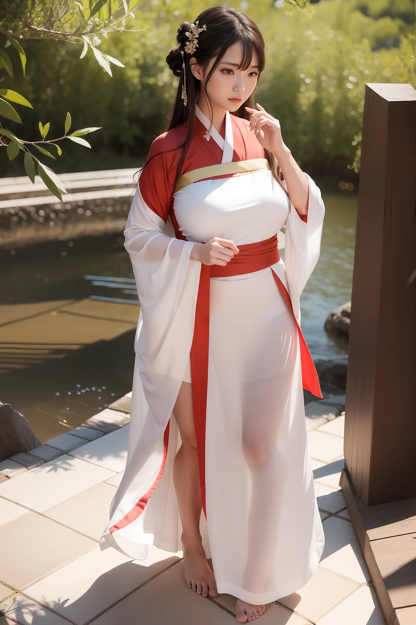 (4k, best quality), (realistic, photo-realistic), perfect touch, cute, model, (shut up) huge breasts, standing barefoot,, beautiful and detailed eyes, perfect female body, big breasts (tear clothes) , wide hips, narrow shoulders, 1girl wearing hanstyle, bare thighs, torn Tang Hanfu (no underwear, broken cloth), (hanstyle, hanfu, full body: 1.2)