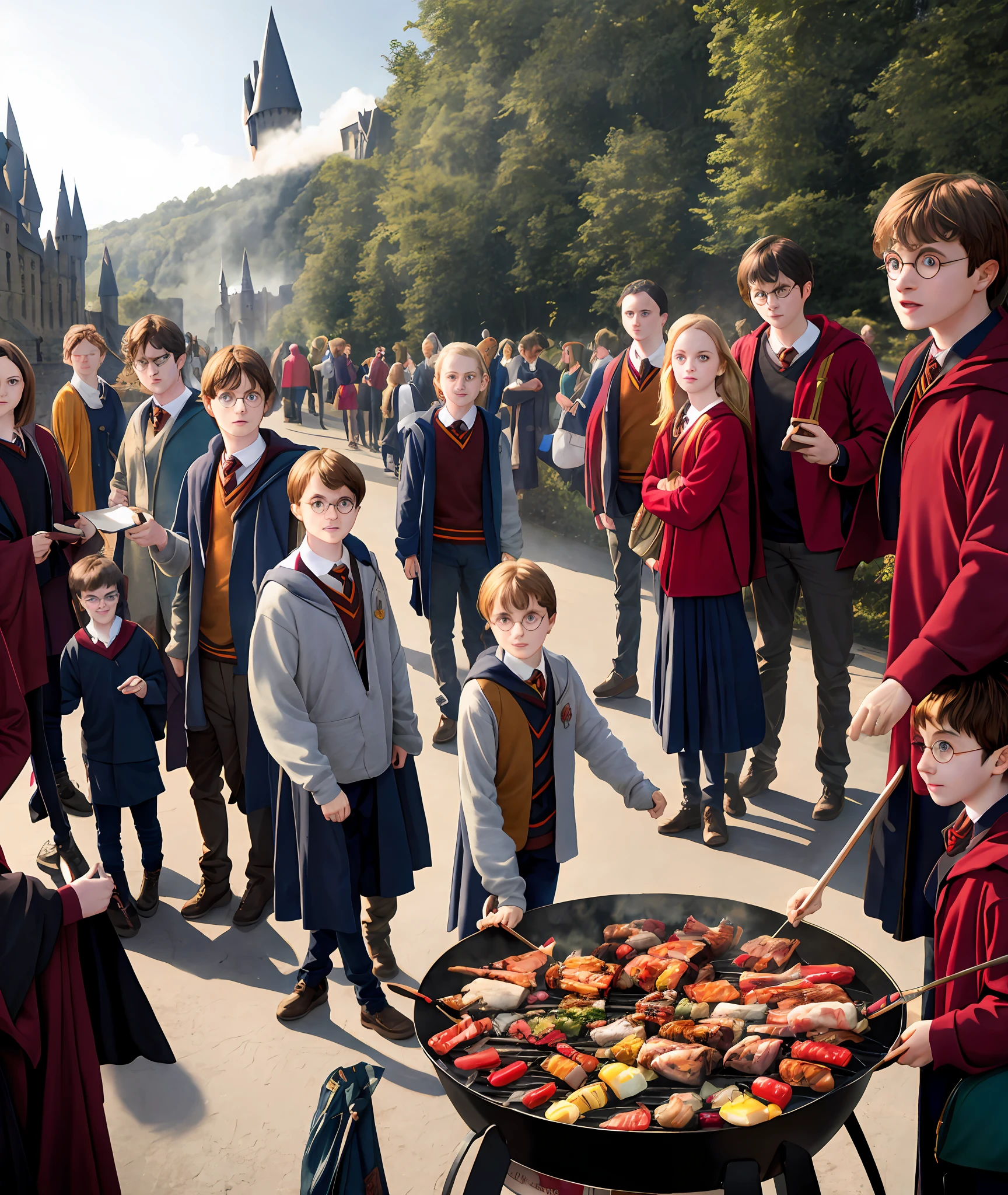 harry potter, bbq, road, many people in the background