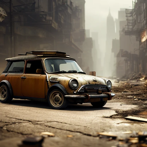 Rusty car, post-apocalypse city landscape, Mini Cooper  , hyper realism, dramatic lighting, high detail, octane render, unreal engine 5, artstation, 8k, high contrast, very detailed, sharp, fine, high resolution, photo, dslr, 50 mm, f/32