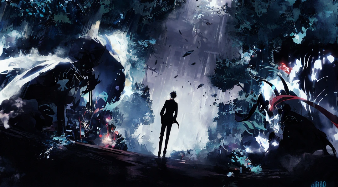 anime scene of a man standing in front of a giant monster, anime art wallpaper 4 k, anime art wallpaper 4k, anime art wallpaper 8 k, 4k anime wallpaper, 4 k manga wallpaper, ultra hd anime wallpaper, anime wallpaper 4k, anime wallpaper 4 k, anime lush john 8k woods, makoto shinkai cyril rolando