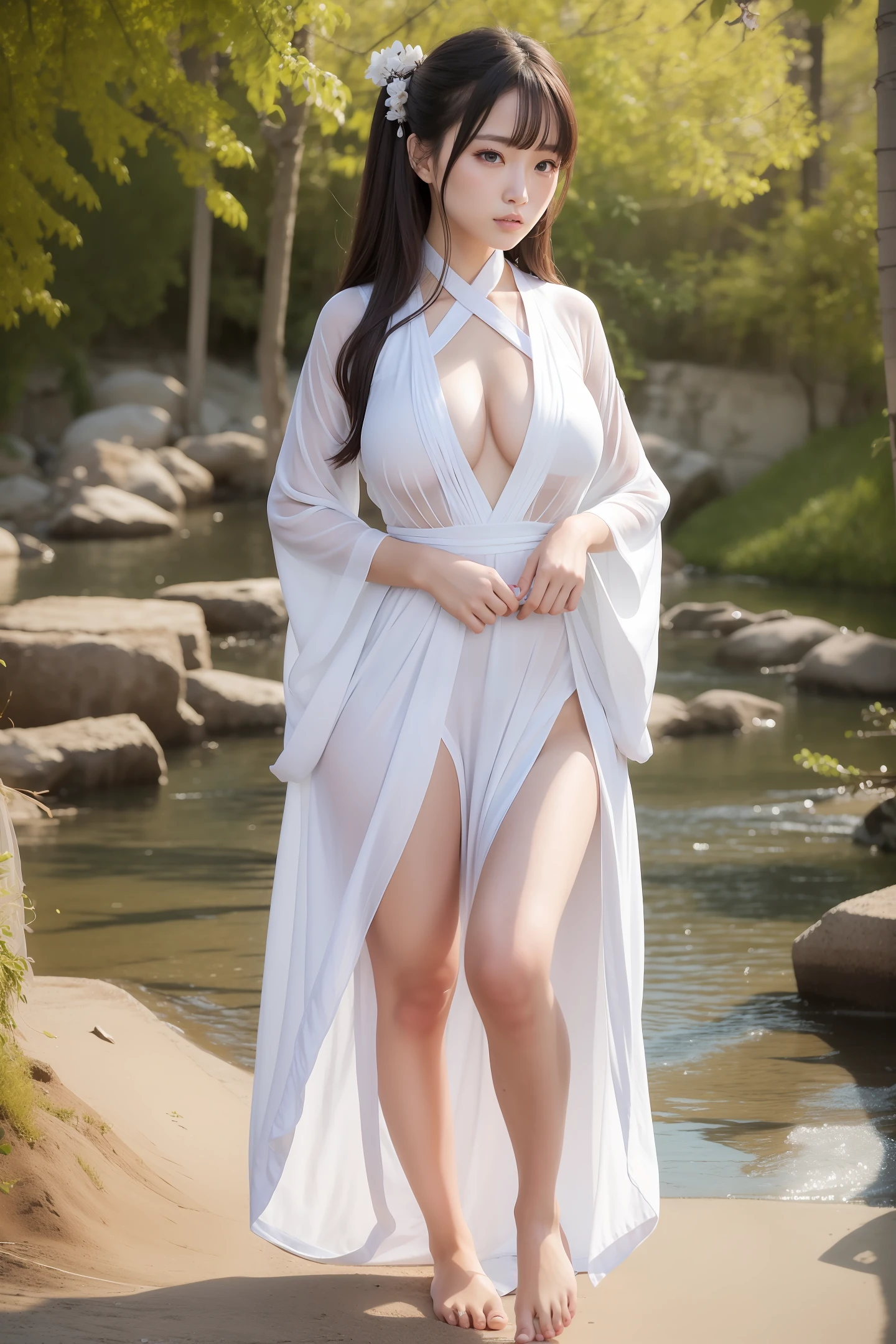 (4k, best quality), (realistic, photo-realistic), perfect touch, cute, model, (shut up) huge breasts, standing barefoot,, beautiful and detailed eyes, perfect female body, messy hair, big breasts( Torn clothes), wide hips, narrow shoulders, 1girl wearing hanstyle, bare thighs, torn and torn Tang-made Hanfu (no underwear, broken cloth strips), (hanstyle, hanfu, full body: 1.2)