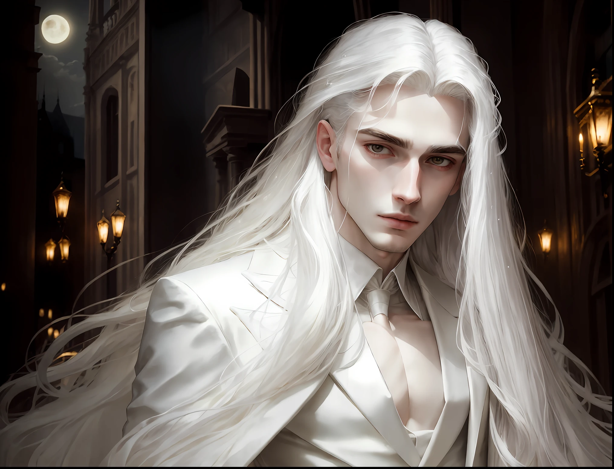 masterpiece, highest quality, (solo focus), (perfect face:1.1), (high detail:1.1),dramatic, 1guy, (pale skin), long white hair, white eyes, solo, long hair, moon, night, white luxury suit, vampire, covered navel, pouty lips, covered, victorian city, detailed background, gothic renaissance, cinematic lighting,