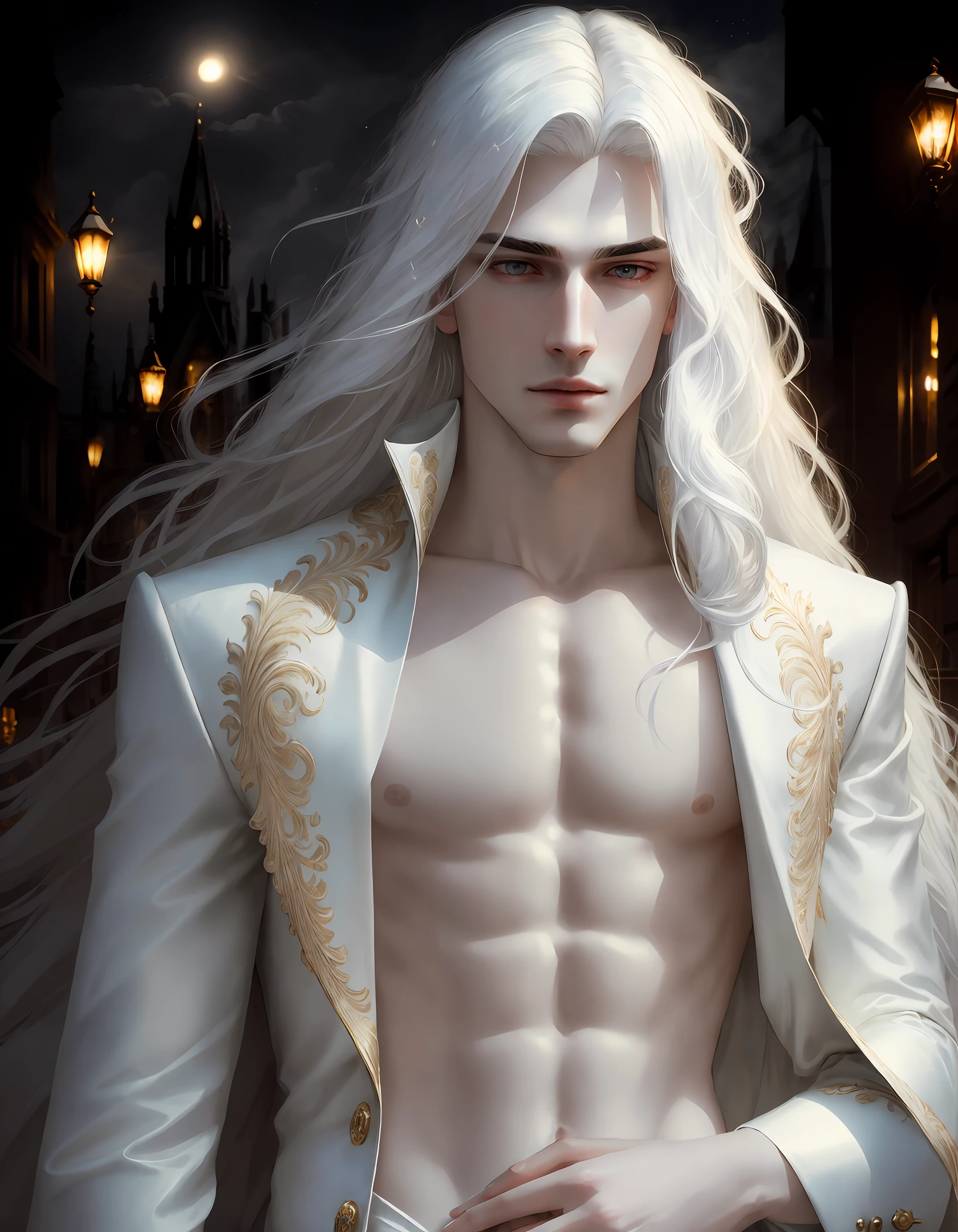 masterpiece, highest quality, (solo focus), (perfect face:1.1), (high detail:1.1),dramatic, 1guy, (pale skin), long white hair, white eyes, solo, long hair, moon, night, white luxury suit, vampire, covered navel, pouty lips, covered, victorian city, detailed background, gothic renaissance, cinematic lighting,