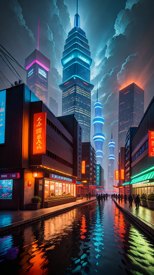 View of city skyline at night, bright lights, Shanghai city, Shanghai, Chinese New Year in Shanghai, no humans. No pedestrians. There are no passers-by. Beautiful futuristic city, neon big city in background, brightly lit buildings, interesting backdrop, vibrant city lights, hou china, neon city in background, beautiful city, dream land of Chinese people, skyline show, from china, beautiful cityscape, photo of futuristic cityscape, pexels, blue hour photography, skyline show, hou china, city at night, skyline, from china, trend, trend, chinese dream, spectacular Clouds, fantasy clouds. Partially looking to the left, around the city, Shanghai Lujiazui. Chinese Architecture, Jia Ruan, Ruan Jia. The bustling technology building is beyond imagination. Inspired by Makoto Shinkai&#39;s popular concept art and masterpieces on pixiv, vision (wide angle lens), super high resolution (fidelity: 1.4), super high quality, detail enhancement. Extremely detailed CG Unity 8k wallpapers, aesthetics, award winning photography, photorealistic, high detail, intricate, art of travel, realistic 3D animation style, landscape concept art, super high resolution (photorealistic: 1.4), aesthetics, focus, High quality, vibrant colors, stunning reflections, crystal clear water, award winning cinematography, 3D lighting and beautiful cinematic lighting. Rich in detail.
