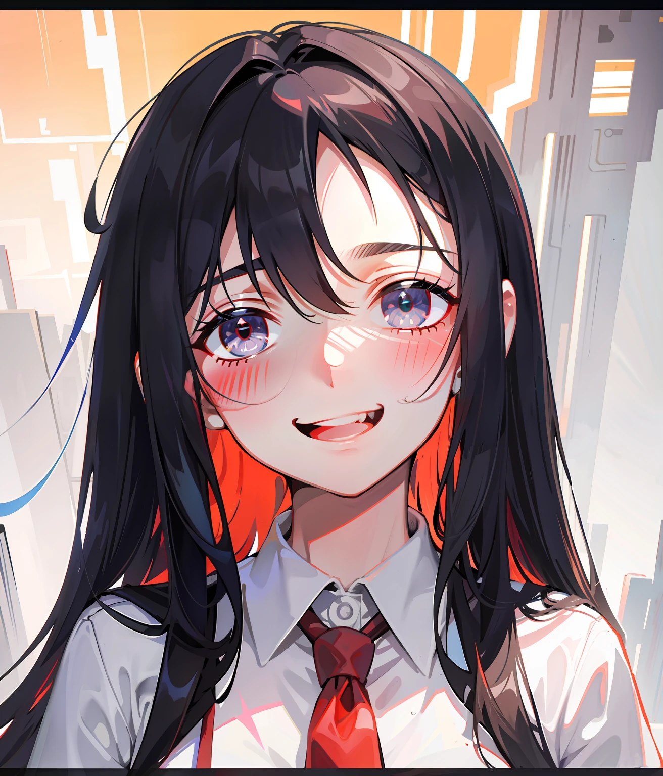 half open mouth, big smile, happy, empty eyes