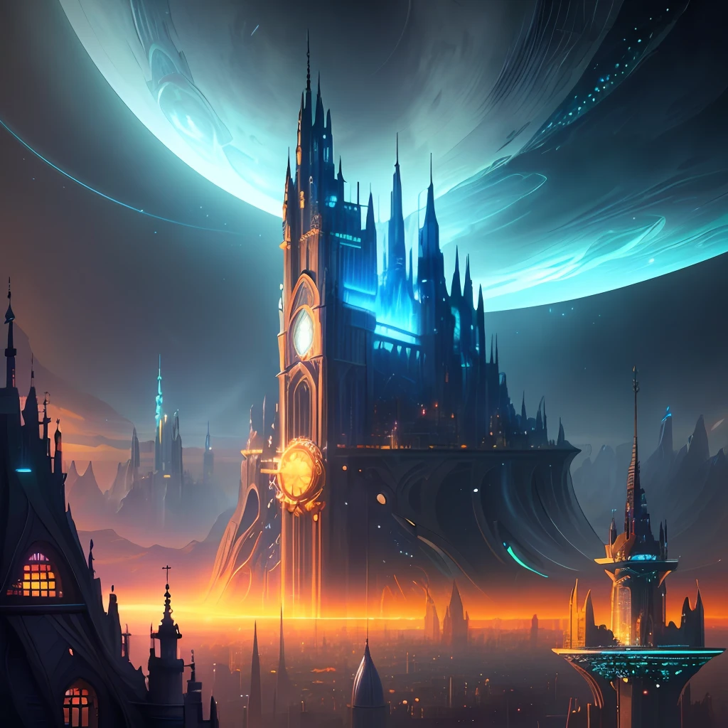Generate an Ultra HD digital painting of a beyond-dimensional fantasy city, blending elements of undersea and Atlantis themes with science fiction and Studio Ghibli-inspired design. The composition should be epic and the technique highly detailed, utilizing a triadic color scheme to create a vibrant and visually stunning cityscape. The image should be rendered in Unreal Engine and feature uplighting to enhance the fantastical ambiance. The final image should showcase the intricate details of this fantasy city, from its soaring spires to its bustling streets, and transport the viewer to a world of awe and wonder.