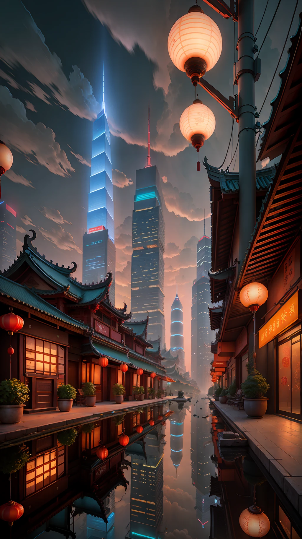 Night city skyline view, bright lights, Shanghai city, Shanghai, Chinese new year in Shanghai, beautiful futuristic city, neon big city in the background, brightly lit buildings, realistic lanterns, interesting background, vibrant city Lighting, impeccable style. The effect of machine tool visual impact. hou china, neon city in background, beautiful city, dream land of chinese people, skyline show, photo from China, beautiful cityscape, futuristic cityscape, pexels, blue hour photography, skyline show, hou china, city at night, skyline, from china, trend,, trend, Chinese dream, spectacular clouds, fantasy clouds. Partially looking to the left, around the city, Shanghai Lujiazui. Chinese Architecture, Jia Ruan, Ruan Jia. The bustling technology building is beyond imagination. Inspired by Makoto Shinkai's popular concept art and masterpieces on pixiv, vision (wide angle lens), super high resolution (fidelity: 1.4), super high quality, detail enhancement. Extremely detailed CG Unity 8k wallpapers, aesthetics, award winning photography, photorealistic, high detail, intricate, art of travel, realistic 3D animation style, landscape concept art, super high resolution (photorealistic: 1.4), aesthetics, focus, High quality, vibrant colors, stunning reflections, crystal clear water, award winning cinematography, 3D lighting and beautiful cinematic lighting. Rich in detail.