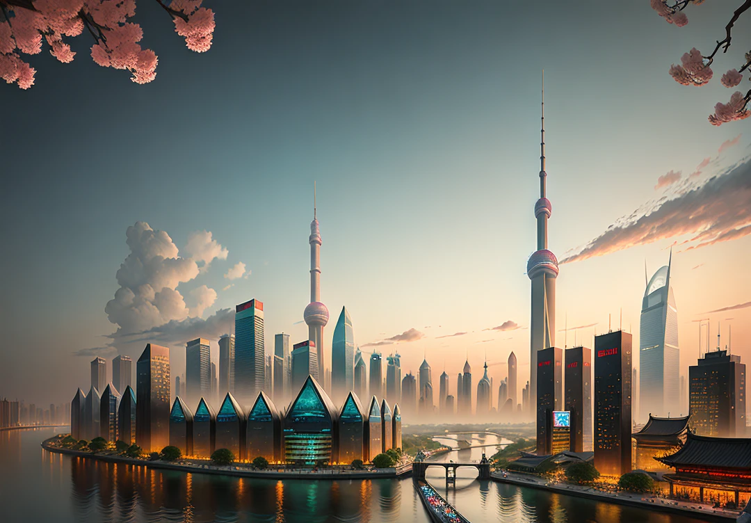 arafly city skyline view with a river in the foreground, masterpiece, world master work, stunning reflections, crystal clear water, award winning photography, shanghai city, shanghai, chinese new year in shanghai, hou china, beijing, skyline Line display, skyline, from China, trend, trend, Chinese dream, partly look to the left, Huancheng, Hangzhou, Chinese architecture, Jiaruan, Ruanjia. Rich details, detail enhancement.