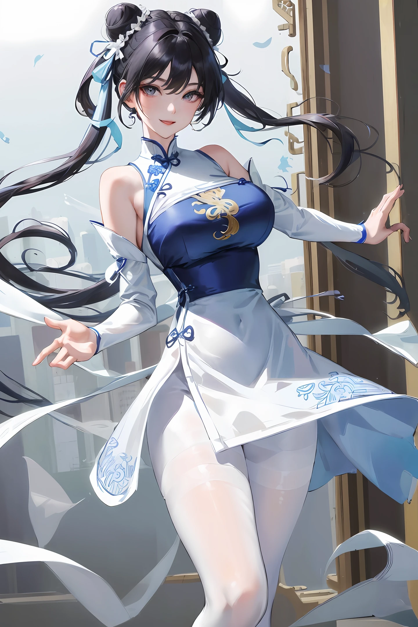 Masterpiece, best, 1 female, blue clothes, blue cheongsam, full body photo, ancient Chinese style, white cloth bun bun, black hair, shoulders, big breasts, slender legs, smile, white pantyhose, pantyhose lace side, white underwear, pale pink lips, embroidered dress