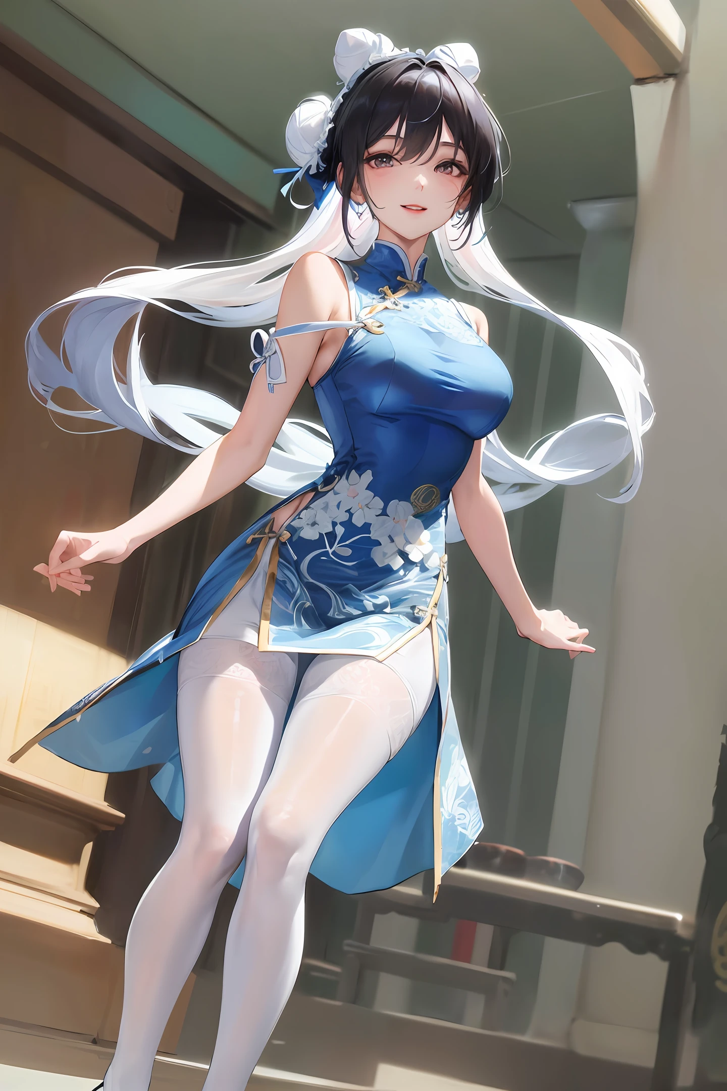 Masterpiece, best, 1 female, blue clothes, blue cheongsam, full body photo, ancient Chinese style, white cloth bun bun, black hair, shoulders, big breasts, slender legs, smile, white pantyhose, pantyhose lace side, white underwear, pale pink lips, embroidered dress