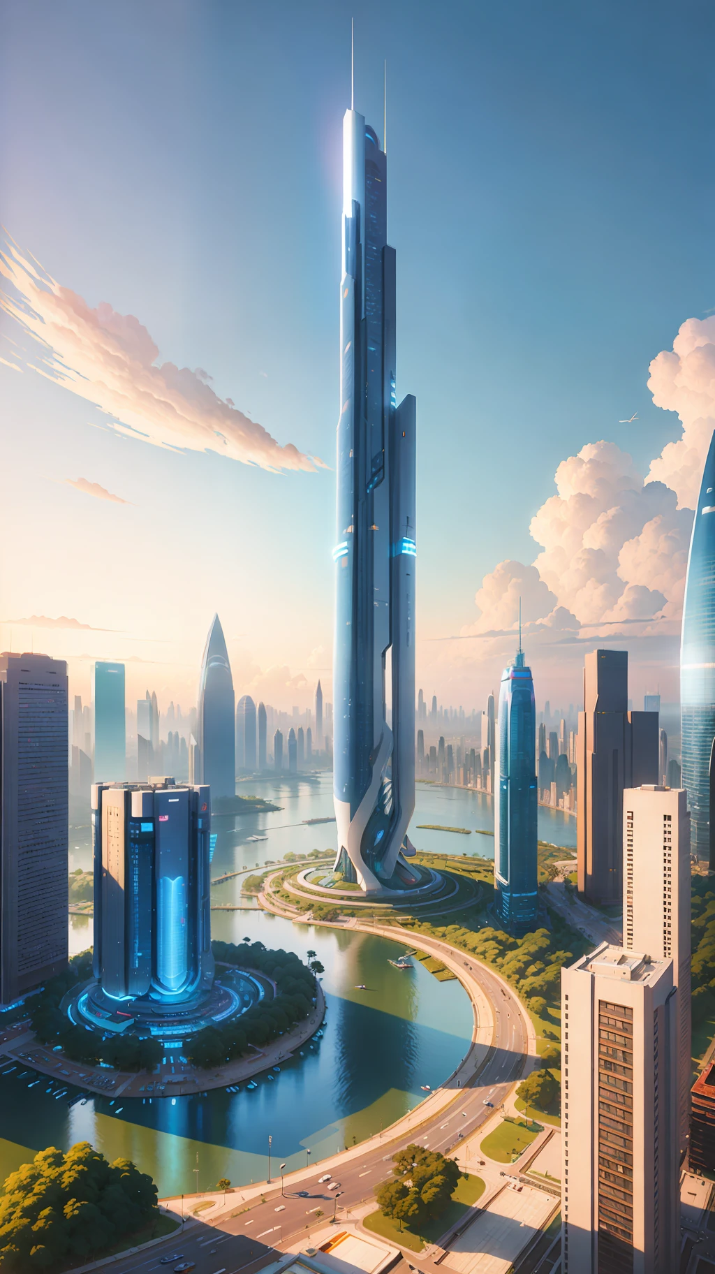 City skyline view with lake and park, illustration by Cha Shibiao, shutterstock, Art Nouveau, Shenzhen, Shenzhen, Shenzhen. Guangjian, an ultra-wide view of the urban landscape, a sci-fi building that breaks through imagination, and a combination of architecture and lighting. Beautiful city of the future, beautiful cityscape, tech city background, Hou porcelain, with a city in the background. Inspired by Makoto Shinkai's popular concept art and masterpieces on pixiv, vision (wide angle lens), super high resolution (fidelity: 1.4), super high quality, extremely detailed CG Unity 8k wallpapers, aesthetics, award winning photography, real High Detail, Detail Enhancement, Blur Removal, Intricacy, Traveling Art. Visually stunning. Beautiful future city, beautiful city, dream land of Chinese people, pexels, blue hour photography, Chinese dreamland, spectacular clouds, fantasy clouds.