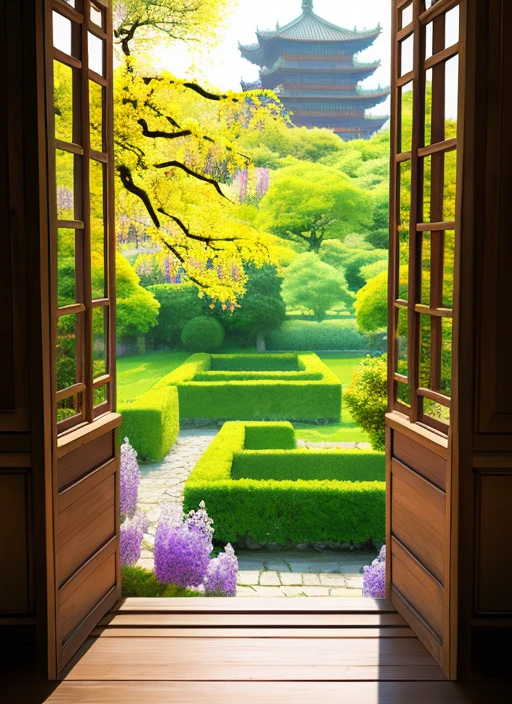 Ancient Chinese wooden windows, bushes, gardens, rich flowers, bright colors, wisteria flowers dropping from the roof, view from inside looking out the window, super details, fine, sunlight leaking from between the leaves, Light ink painting, low saturation, 4k