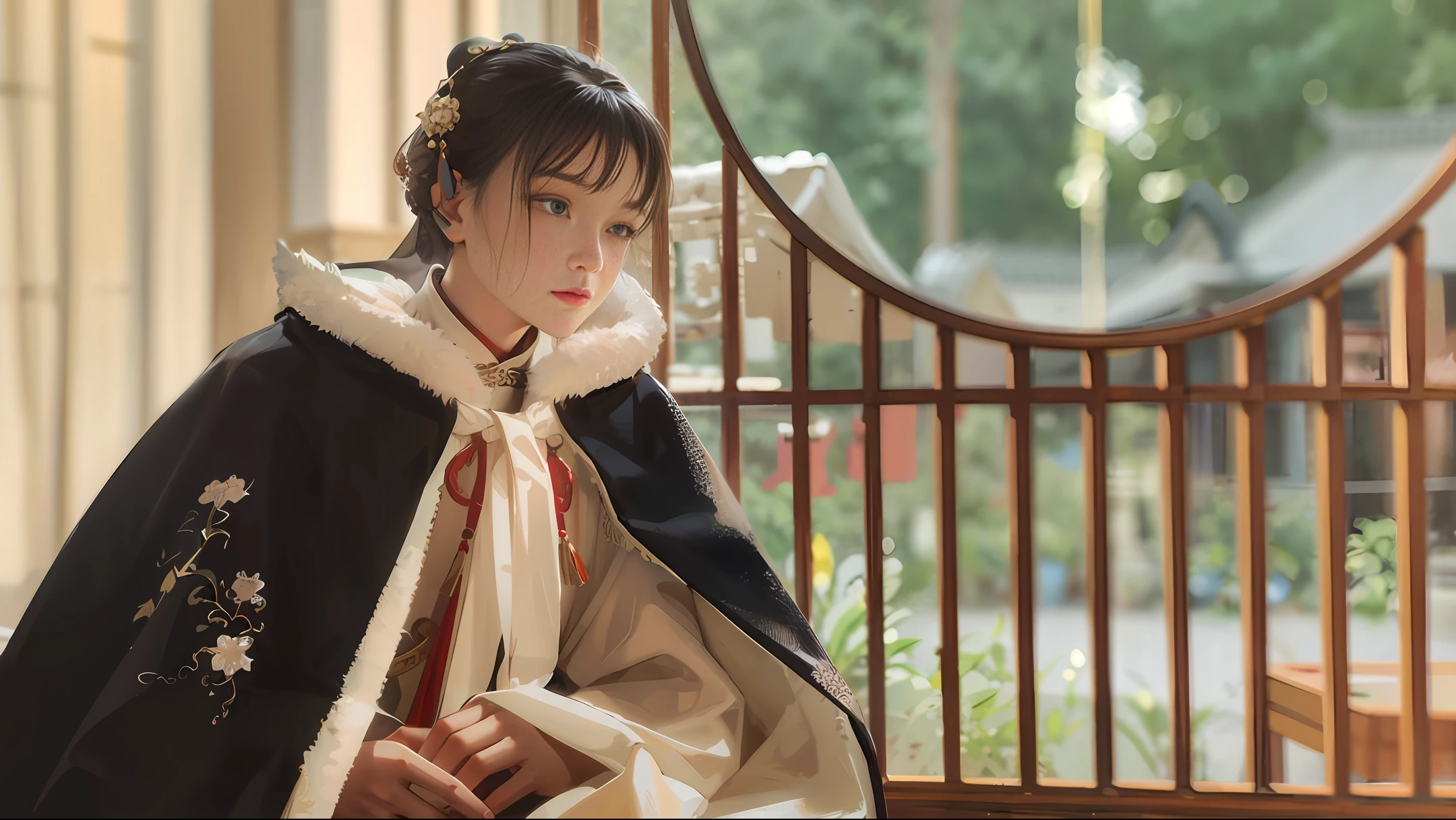 There is a woman sitting on a chair, beautiful big eyes, cute round face, wearing a black and white robe, a palace, a girl in Hanfu, wearing a luxurious silk cloak, Hanfu, inspired by Shinsaimdang, dressed luxuriously Royal cloak of , wearing a luxurious cloak, white Hanfu, wearing a lady's attire, portrait shot, inspired by Jeong Seon, Hanfu