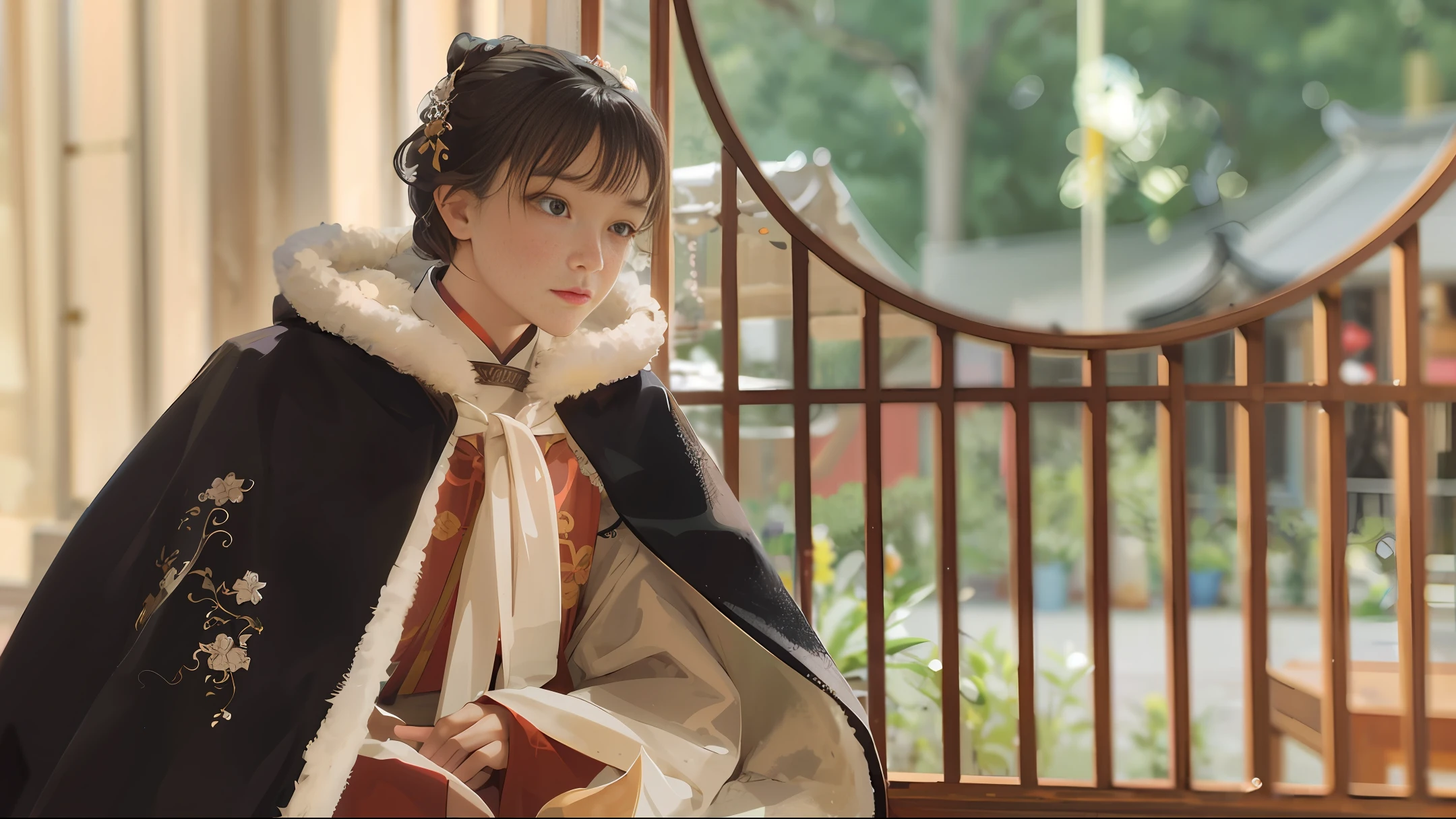 There is a woman sitting on a chair, beautiful big eyes, cute round face, wearing a black and white robe, a palace, a girl in Hanfu, wearing a luxurious silk cloak, Hanfu, inspired by Shinsaimdang, dressed luxuriously Royal cloak of , wearing a luxurious cloak, white Hanfu, wearing a lady's attire, portrait shot, inspired by Jeong Seon, Hanfu