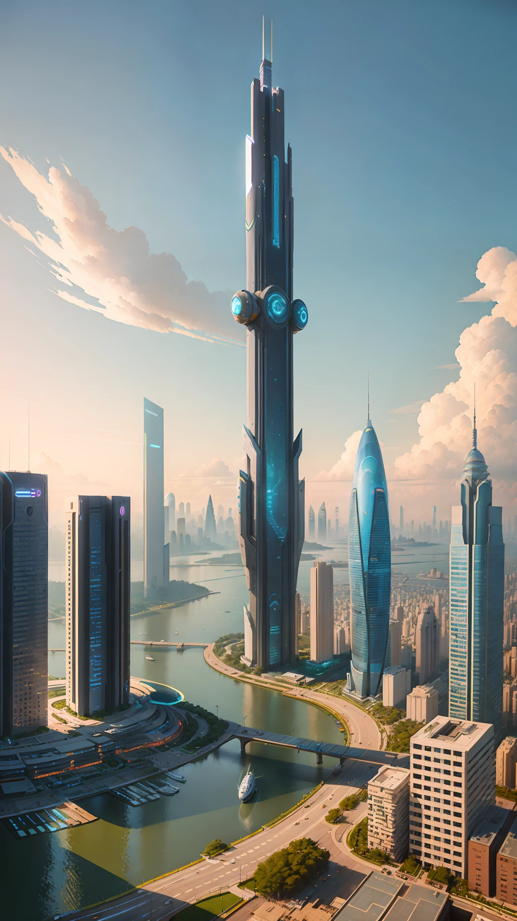 City skyline view with lake and park, illustration by Cha Shibiao, shutterstock, Art Nouveau, Shenzhen, Shenzhen, Shenzhen. Guangjian, the ultra-wide view of the urban landscape, the sci-fi buildings that break through the imagination, all buildings have a sense of technology and are full of technology. A sci-fi blockbuster with a sense of sight. There are flying saucers and spaceships looming in the sky. Architecture combined with lighting. Neon building. Beautiful city of the future, beautiful cityscape, tech city background, Hou porcelain, with a city in the background. Inspired by Makoto Shinkai's popular concept art and masterpieces on pixiv, vision (wide angle lens), super high resolution (fidelity: 1.4), super high quality, extremely detailed CG Unity 8k wallpapers, aesthetics, award winning photography, real High Detail, Detail Enhancement, Blur Removal, Intricacy, Traveling Art. Visually stunning. Beautiful future city, beautiful city, dream land of Chinese people, pexels, blue hour photography, Chinese dreamland, spectacular clouds, fantasy clouds.