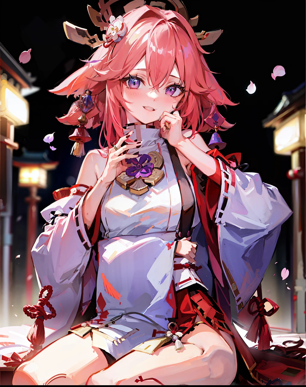1girl, (ulzzang-6500:0.7), kpop idol, yae miko, detached sleeves, bare shoulders, pink hair, long hair, japanese clothes, best quality, (painting:1.5), (hair ornament:1.35), jewelry, purple eyes, earrings, breasts, torii, cherry blossoms, lantern light, depth of field, detailed face, face focus, ribbon_trim, (looking at viewer:1.25), nontraditional miko, shiny skin, long sleeves, smile, thick lips, game cg, hands on lips, east asian architecture, (blurry background:1.2), sitting, upper body,