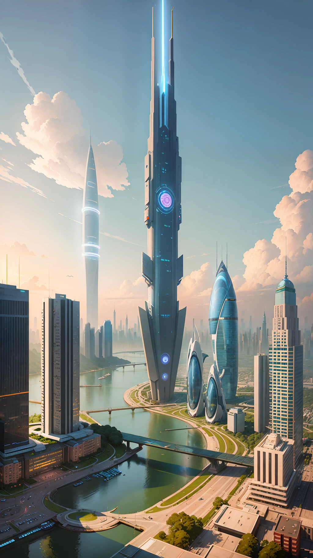 City skyline view with lake and park, illustration by Cha Shibiao, shutterstock, Art Nouveau, Shenzhen, Shenzhen, Shenzhen. Guangjian, the ultra-wide view of the urban landscape, the sci-fi buildings that break through the imagination, the buildings beyond the imagination, the looming airplanes in the sky, all the buildings have a sense of technology and are full of technology. A sci-fi blockbuster with a sense of sight. There are flying saucers and spaceships looming in the sky. Architecture combined with lighting. Neon building. Beautiful city of the future, beautiful cityscape, tech city background, Hou porcelain, with a city in the background. Inspired by Makoto Shinkai's popular concept art and masterpieces on pixiv, vision (wide angle lens), super high resolution (fidelity: 1.4), super high quality, extremely detailed CG Unity 8k wallpapers, aesthetics, award winning photography, real High Detail, Detail Enhancement, Blur Removal, Intricacy, Traveling Art. Visually stunning. Beautiful future city, beautiful city, dream land of Chinese people, pexels, blue hour photography, Chinese dreamland, spectacular clouds, fantasy clouds.