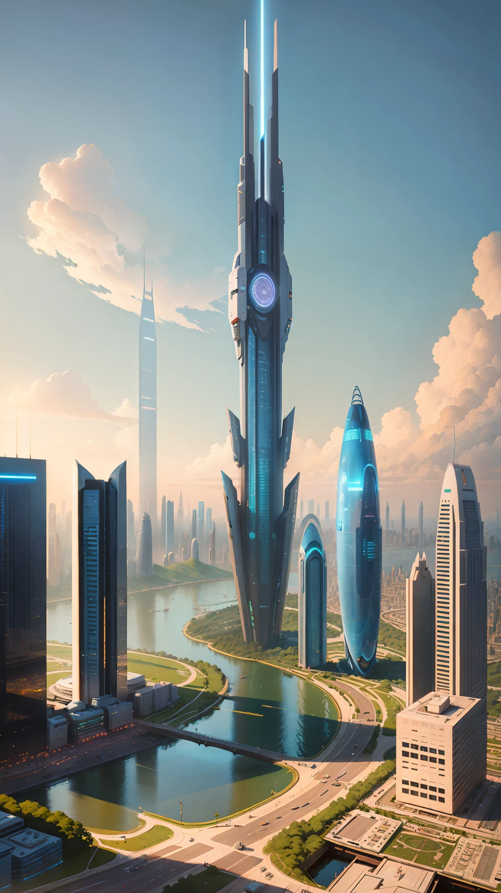 City skyline view with lake and park, illustration by Cha Shibiao, shutterstock, Art Nouveau, Shenzhen, Shenzhen, Shenzhen. Guangjian, the ultra-wide view of the urban landscape, the sci-fi buildings that break through the imagination, the buildings beyond the imagination, the looming airplanes in the sky, all the buildings have a sense of technology and are full of technology. A sci-fi blockbuster with a sense of sight. There are flying saucers and spaceships looming in the sky. Architecture combined with lighting. Neon building. Beautiful city of the future, beautiful cityscape, tech city background, Hou porcelain, with a city in the background. Inspired by Makoto Shinkai's popular concept art and masterpieces on pixiv, vision (wide angle lens), super high resolution (fidelity: 1.4), super high quality, extremely detailed CG Unity 8k wallpapers, aesthetics, award winning photography, real High Detail, Detail Enhancement, Blur Removal, Intricacy, Traveling Art. Visually stunning. Beautiful future city, beautiful city, dream land of Chinese people, pexels, blue hour photography, Chinese dreamland, spectacular clouds, fantasy clouds.