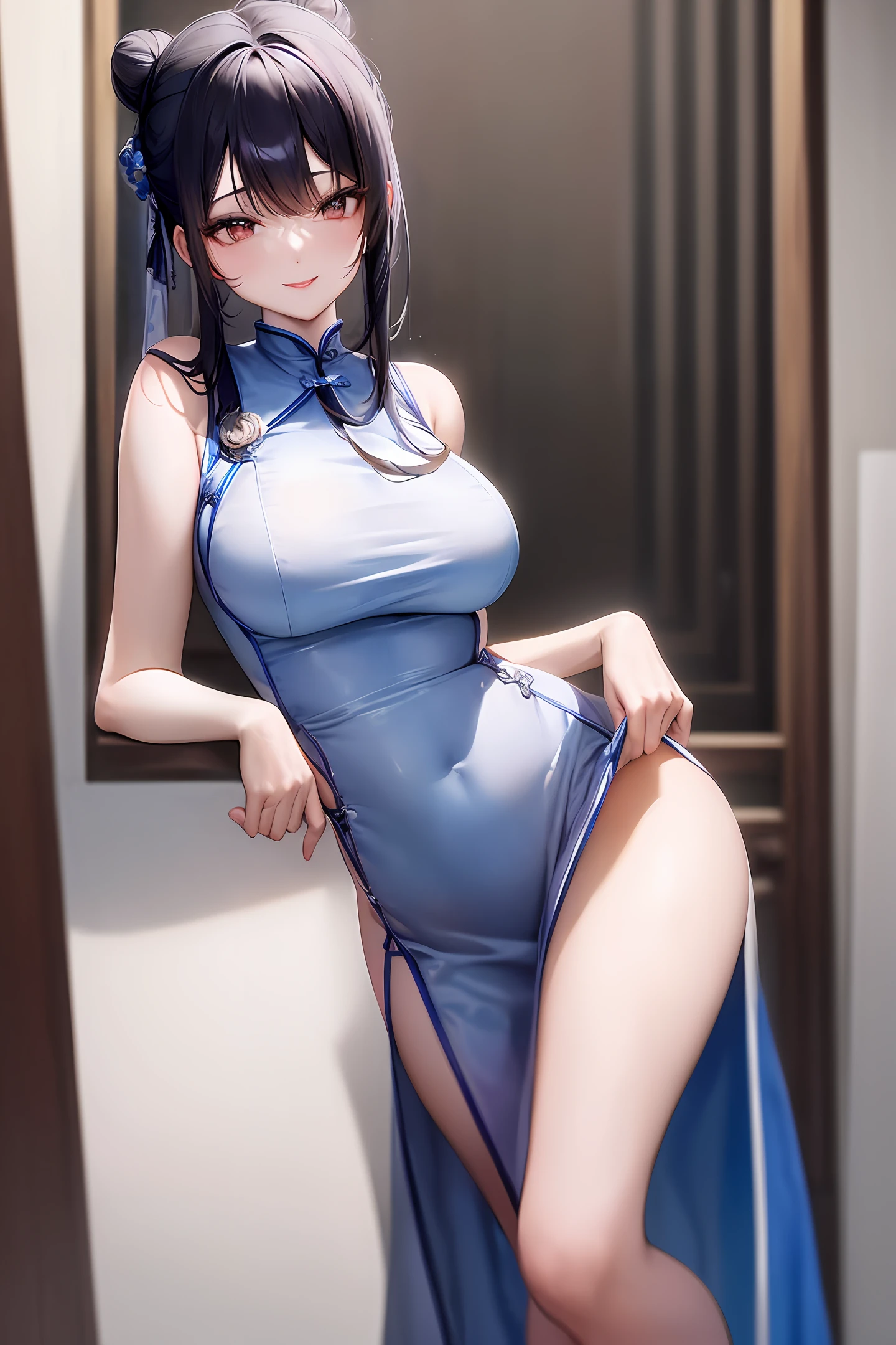 Masterpiece, best, 1 female, blue cheongsam, blue clothes, full body photo, ancient Chinese style, white cloth bun bun, black hair, shoulders, slender legs, smile, white suspenders, lace, white underwear, pale pink lips, embroidered dress