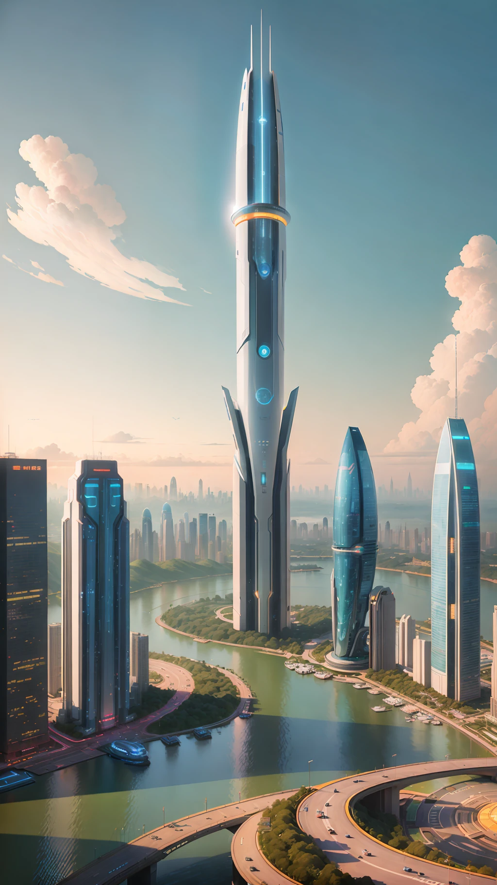 City skyline view with lake and park, illustration by Cha Shibiao, shutterstock, Art Nouveau, Shenzhen, Shenzhen, Shenzhen. Guangjian, the ultra-wide view of the urban landscape, the sci-fi buildings that break through the imagination, all buildings have a sense of technology and are full of technology. A sci-fi blockbuster with a sense of sight. There are flying saucers and spaceships looming in the sky. Architecture combined with lighting. Neon building. Beautiful city of the future, beautiful cityscape, tech city background, Hou porcelain, with a city in the background. Inspired by Makoto Shinkai's popular concept art and masterpieces on pixiv, vision (wide angle lens), super high resolution (fidelity: 1.4), super high quality, extremely detailed CG Unity 8k wallpapers, aesthetics, award winning photography, real High Detail, Detail Enhancement, Blur Removal, Intricacy, Traveling Art. Visually stunning. Beautiful future city, beautiful city, dream land of Chinese people, pexels, blue hour photography, Chinese dreamland, spectacular clouds, fantasy clouds.
