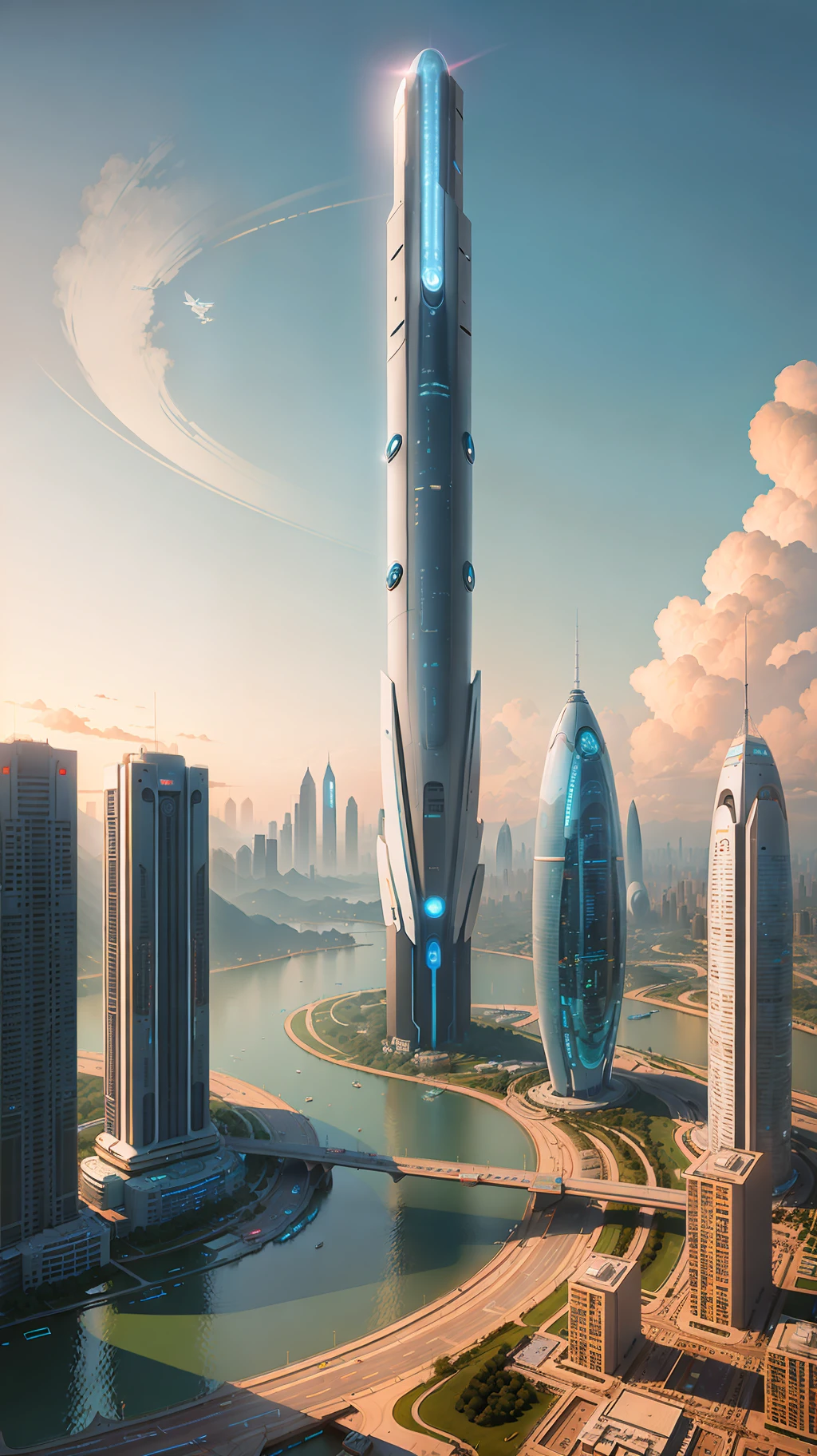 City skyline view with lake and park, illustration by Cha Shibiao, shutterstock, Art Nouveau, Shenzhen, Shenzhen, Shenzhen. Guangjian, the ultra-wide view of the urban landscape, the sci-fi buildings that break through the imagination, all buildings have a sense of technology and are full of technology. A sci-fi blockbuster with a sense of sight. There are flying saucers and spaceships looming in the sky. Architecture combined with lighting. Neon building. Beautiful city of the future, beautiful cityscape, tech city background, Hou porcelain, with a city in the background. Inspired by Makoto Shinkai's popular concept art and masterpieces on pixiv, vision (wide angle lens), super high resolution (fidelity: 1.4), super high quality, extremely detailed CG Unity 8k wallpapers, aesthetics, award winning photography, real High Detail, Detail Enhancement, Blur Removal, Intricacy, Traveling Art. Visually stunning. Beautiful future city, beautiful city, dream land of Chinese people, pexels, blue hour photography, Chinese dreamland, spectacular clouds, fantasy clouds.
