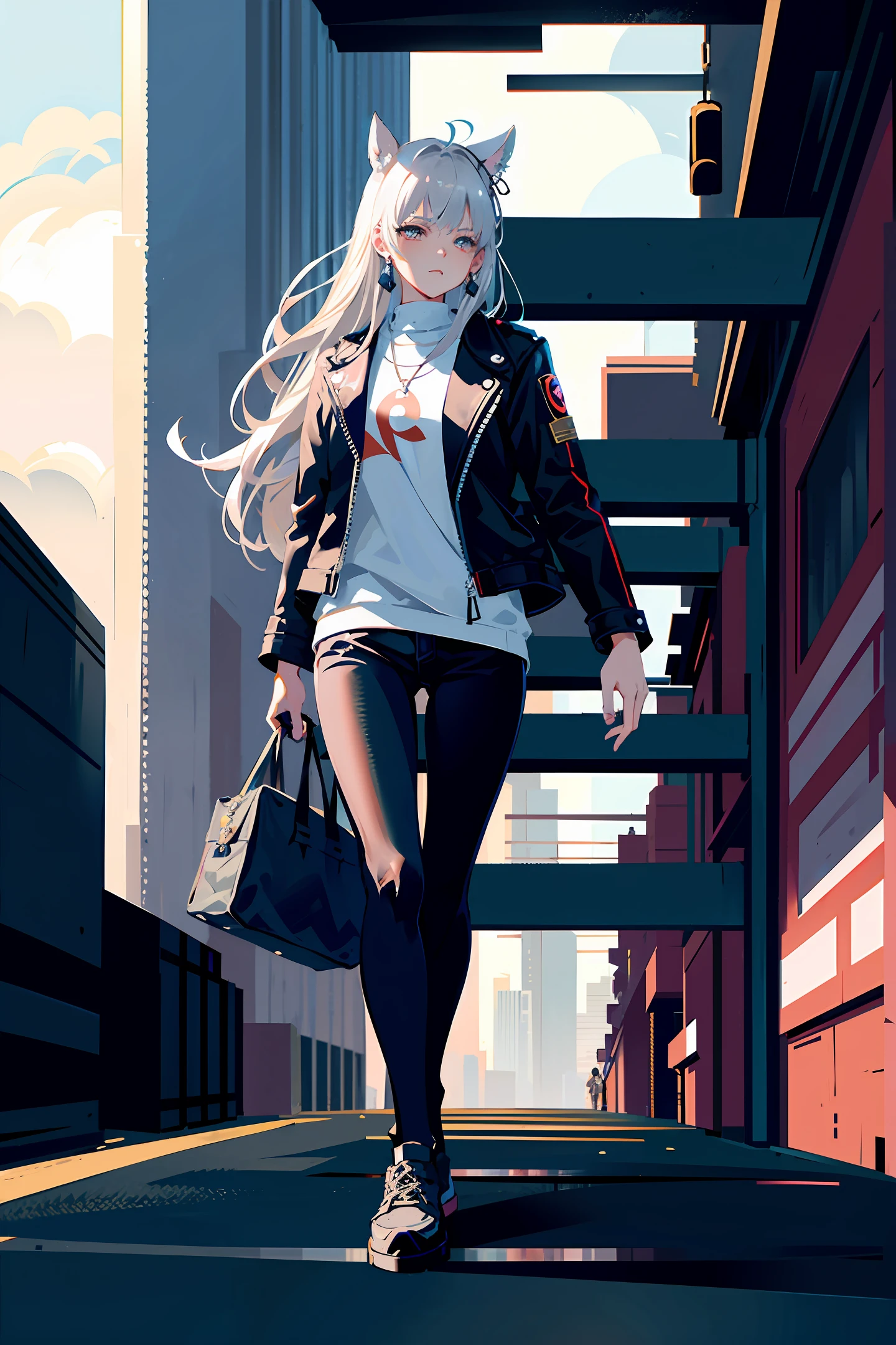 detailed,8k, detailed shadow, minato_yukina, 1girl, city, cyberpunk city ,Omertosa, long hair, grey hair, open jacket,serious beauty,leather jacket, animal ears,nipple, jewelry , (masterpiece,best quality)