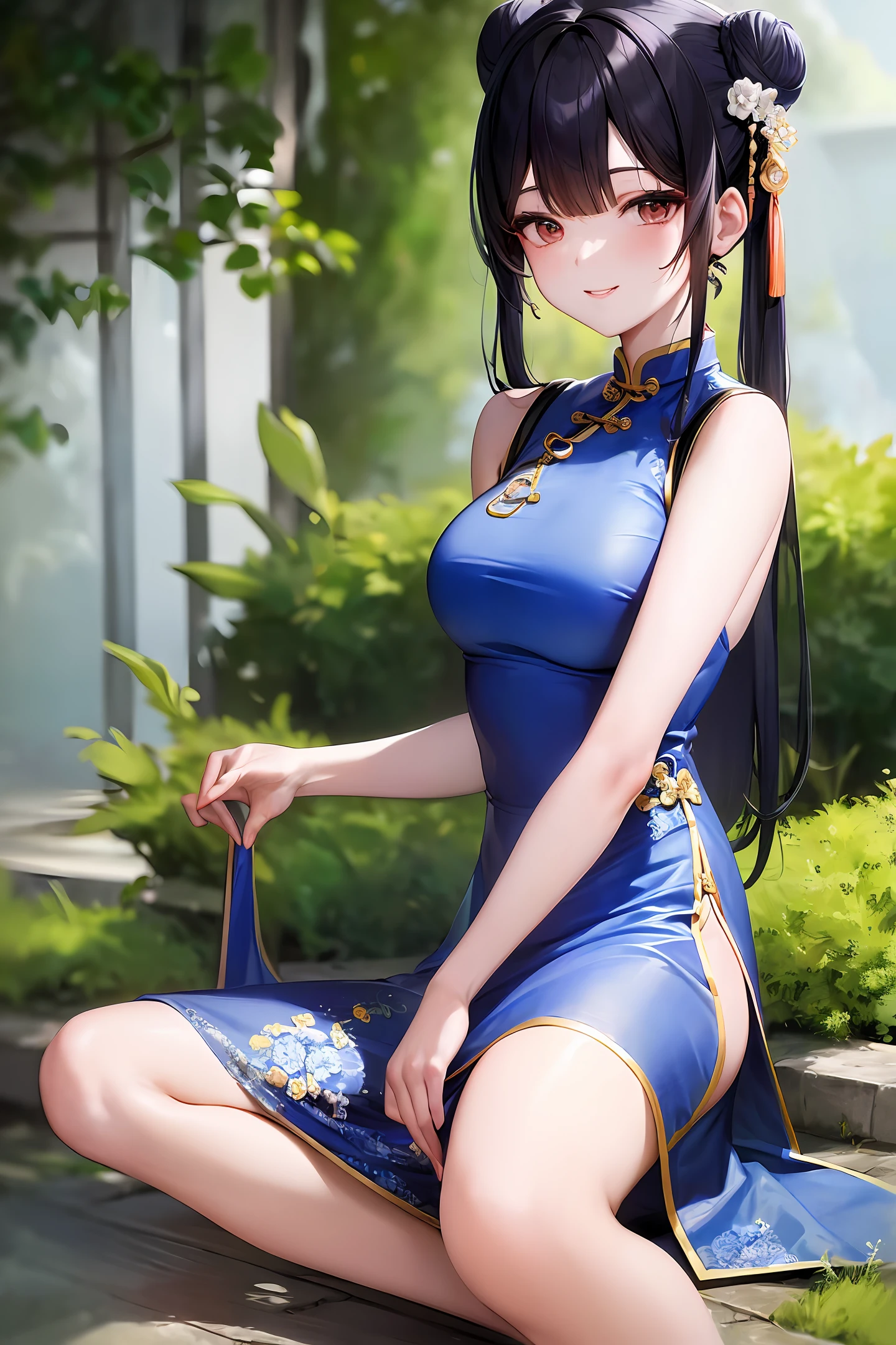 Masterpiece, best, 1 female, finger biting, blue cheongsam, blue clothes, full body shot, ancient Chinese style, white cloth bun bun, black hair, dropped shoulders, slender legs, smile, white suspenders, lace, white Underpants, pale pink lips, embroidered dress