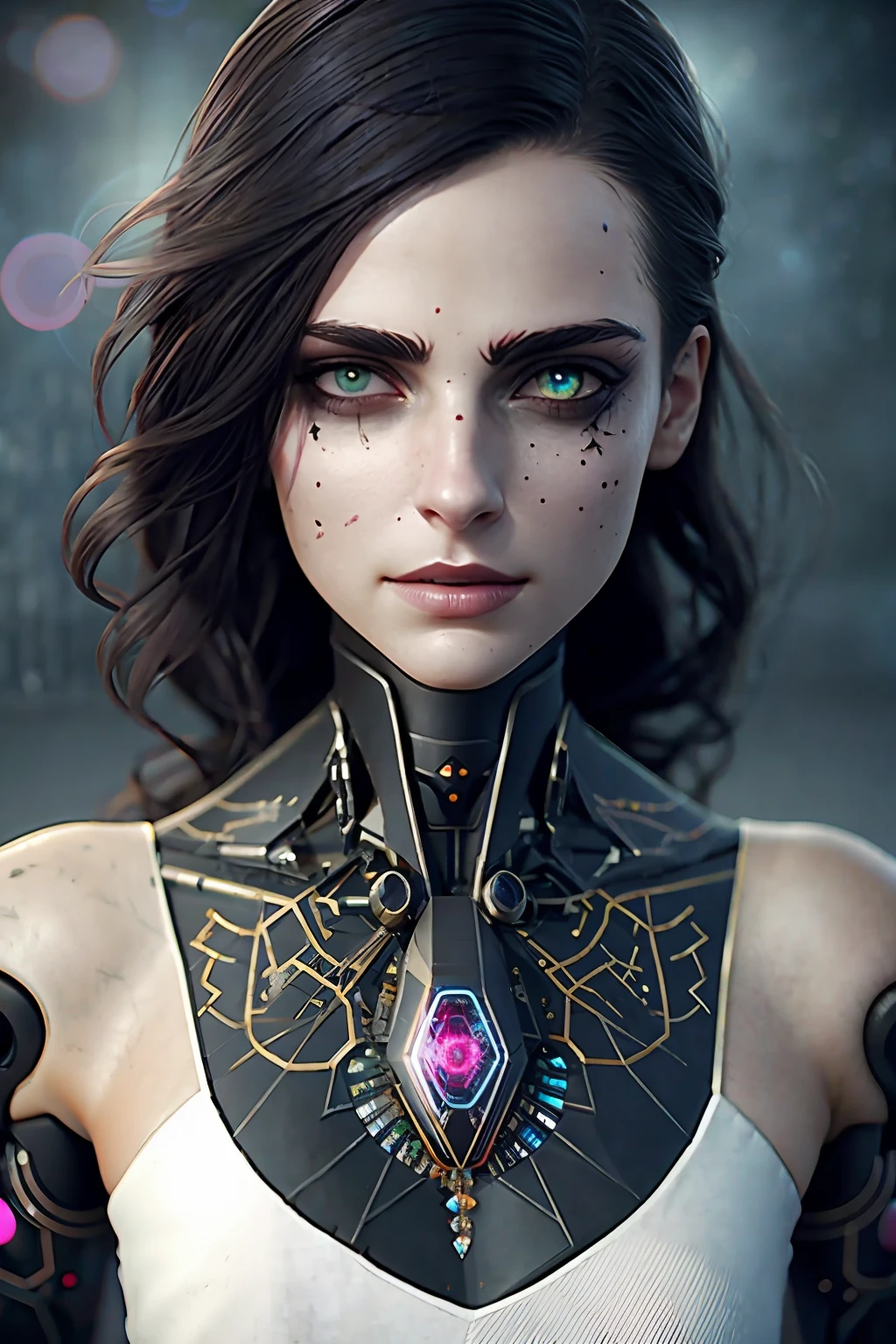 (HD Details: 1.2), (Best Quality: 1.2), 8k, Clear Focus, (Underground Scattering: 1.1), (Winning Photo: 1.2), 1girl, (Many detailed black tattoos on her face: 1.2), Author: emb-rrf-low, (Lots of thick dark black tattoos on her nose and eyes: 1.2), (Face segmentation: 1.2), (Face segmentation: 1.2), (Deep slits and lasers on the face: 1.2), (Deep slits and lasers on the face: 1.2) (Beautiful robot and sci-fi gun: 1.3) Man emits lasers: 1.3), (dynamic movement posture: 1.2), neon light under the skin (very detailed clothing: 1.2), (highly detailed clothing: 1.2) detailed background: 1.3), RPG, Elden Ring, (science fiction: 1.2), (super visibility: 1.2), artificial lighting, artstation, artgerm, greg rutkowski, alphonse mucha, relax on ArtStation, move on DeviantArt, WLOP