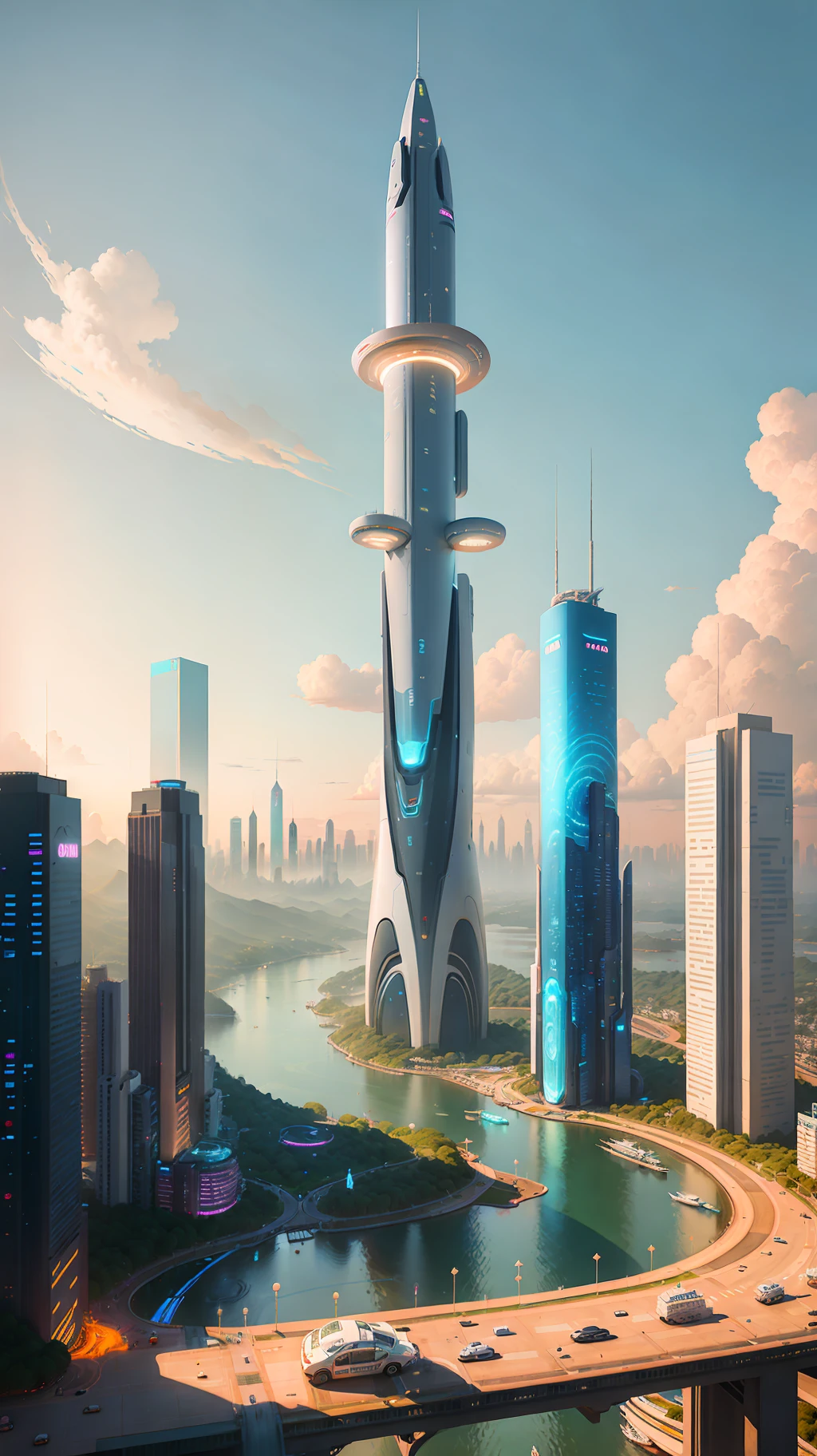 City skyline view with lake and park, illustration by Cha Shibiao, shutterstock, Art Nouveau, Shenzhen, Shenzhen, Shenzhen. Guangjian, the ultra-wide view of the urban landscape, the sci-fi buildings that break through the imagination, all buildings have a sense of technology and are full of technology. A sci-fi blockbuster with a sense of sight. There are flying saucers and spaceships looming in the sky. Architecture combined with lighting. Neon building. Beautiful city of the future, beautiful cityscape, tech city background, Hou porcelain, with a city in the background. Inspired by Makoto Shinkai&#39;s popular concept art and masterpieces on pixiv, vision (wide angle lens), super high resolution (fidelity: 1.4), super high quality, extremely detailed CG Unity 8k wallpapers, aesthetics, award winning photography, real High Detail, Detail Enhancement, Blur Removal, Intricacy, Traveling Art. Visually stunning. Beautiful future city, beautiful city, dream land of Chinese people, pexels, blue hour photography, Chinese dreamland, spectacular clouds, fantasy clouds.