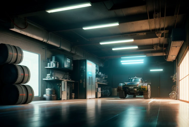 Garage, car garage, Tokyo garage interior, cavernous interior wide shot, wide shot, wide full shot, detailed wide shot, in the spotlight, Dietmar Damerau, interior shot, interior, workshop, interior, robotic arm, lift, machinery, cool, Gears, machinery, tires, repair equipment, mechanical equipment, there is a room with many different items, cyberpunk garage on jupiter, hyper realistic cyberpunk style, cyberpunk basement, cyberpunk art hyper realistic 8k , cyberpunk environment, cyberpunk atmosphere, cyberpunk setting, Unreal Engine. Retro movie still like cyberpunk studio, old cyberpunk 8k resolution, realistic dark concept art, cyberpunk style, surreal