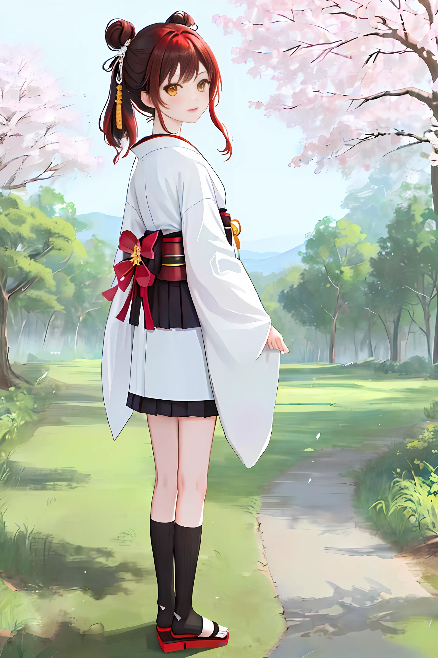 ((masterpiece,best quality)),2girls, black kimono, black legwear, black ribbon, black hair, cherry blossoms, day, flower, hair bun, hair ribbon, japanese clothes, kimono, long hair, looking at viewer, looking back , multiple girls, belts, outdoors, red eyes, red hair, ribbon, sandals, single bun, stairs, standing, statue, torii, tree, white kimono, yellow eyes