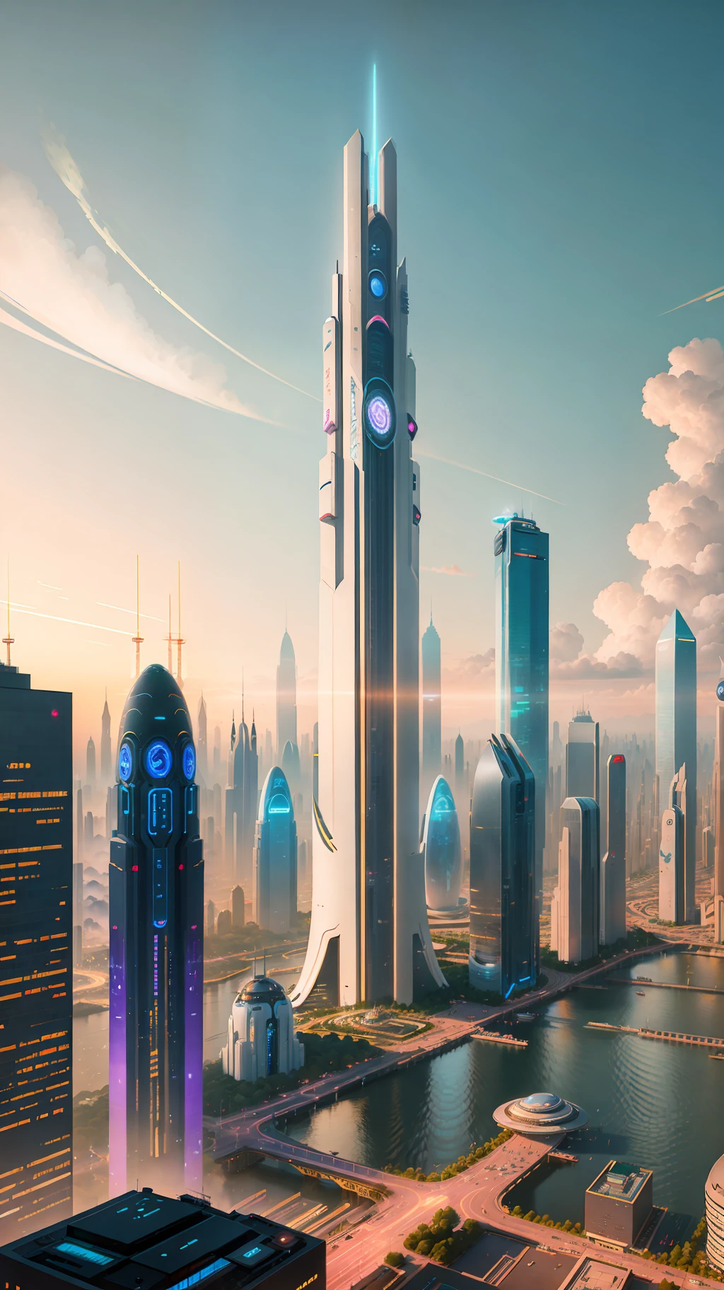 City skyline view with lake and park, illustration by Cha Shibiao, shutterstock, Art Nouveau, Shenzhen, Shenzhen, Shenzhen. Guangjian, the ultra-wide view of the urban landscape, the sci-fi buildings that break through the imagination, all buildings have a sense of technology and are full of technology. A sci-fi blockbuster with a sense of sight. There are flying saucers and spaceships looming in the sky. Architecture combined with lighting. Neon building. Beautiful city of the future, beautiful cityscape, tech city background, Hou porcelain, with a city in the background. Inspired by Makoto Shinkai's popular concept art and masterpieces on pixiv, vision (wide angle lens), super high resolution (fidelity: 1.4), super high quality, extremely detailed CG Unity 8k wallpapers, aesthetics, award winning photography, real High Detail, Detail Enhancement, Blur Removal, Intricacy, Traveling Art. Visually stunning. Beautiful future city, beautiful city, dream land of Chinese people, pexels, blue hour photography, Chinese dreamland, spectacular clouds, fantasy clouds.