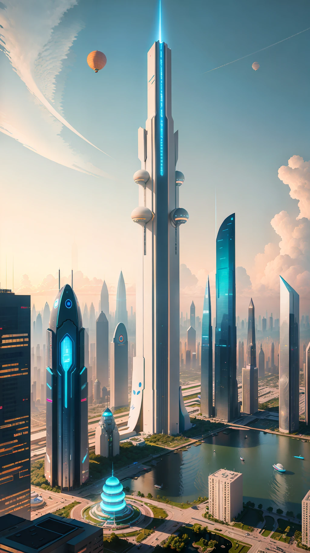 City skyline view with lake and park, illustration by Cha Shibiao, shutterstock, Art Nouveau, Shenzhen, Shenzhen, Shenzhen. Guangjian, the ultra-wide view of the urban landscape, the sci-fi buildings that break through the imagination, all buildings have a sense of technology and are full of technology. A sci-fi blockbuster with a sense of sight. There are flying saucers and spaceships looming in the sky. Architecture combined with lighting. Neon building. Beautiful city of the future, beautiful cityscape, tech city background, Hou porcelain, with a city in the background. Inspired by Makoto Shinkai's popular concept art and masterpieces on pixiv, vision (wide angle lens), super high resolution (fidelity: 1.4), super high quality, extremely detailed CG Unity 8k wallpapers, aesthetics, award winning photography, real High Detail, Detail Enhancement, Blur Removal, Intricacy, Traveling Art. Visually stunning. Beautiful future city, beautiful city, dream land of Chinese people, pexels, blue hour photography, Chinese dreamland, spectacular clouds, fantasy clouds.