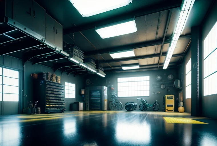 Garage, tokyo garage interior, cavernous interior wide shot, wide shot, wide full shot, detailed wide shot, in the spotlight, Dietmar Damerau, indoor shot, interior, workshop, interior, robotic arm, lift, machinery, cool, gear, mechanical , tires, repair equipment, mechanical equipment, has a room with many different items, cyberpunk garage on jupiter, hyper realistic cyberpunk style, cyberpunk basement, cyberpunk art hyper realistic 8k, cyber Punk environment, cyberpunk atmosphere, cyberpunk setting, Unreal Engine. Retro movie still like cyberpunk studio, old cyberpunk 8k resolution, realistic dark concept art, cyberpunk style, surreal,
