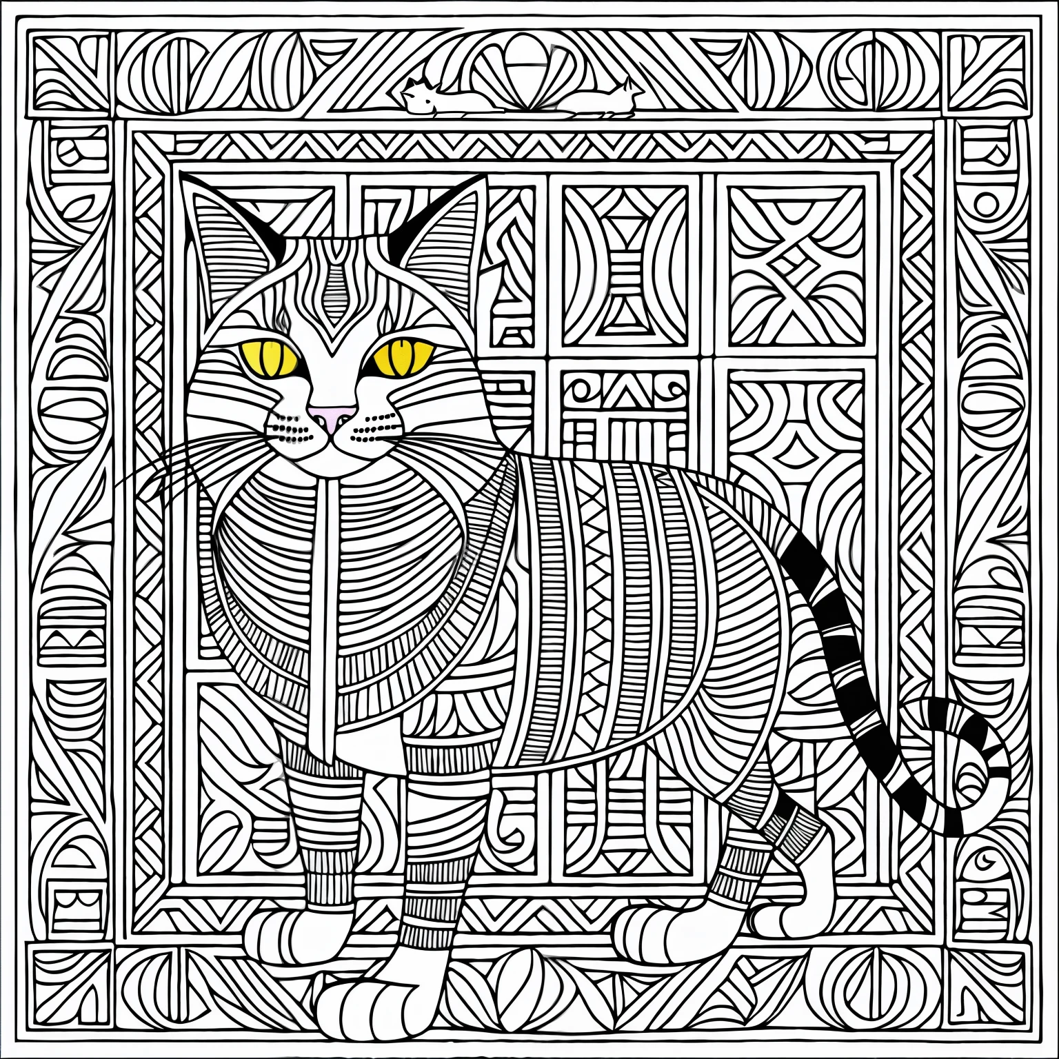 Coloring book style a cat egypt, highly detailed, monochrome
