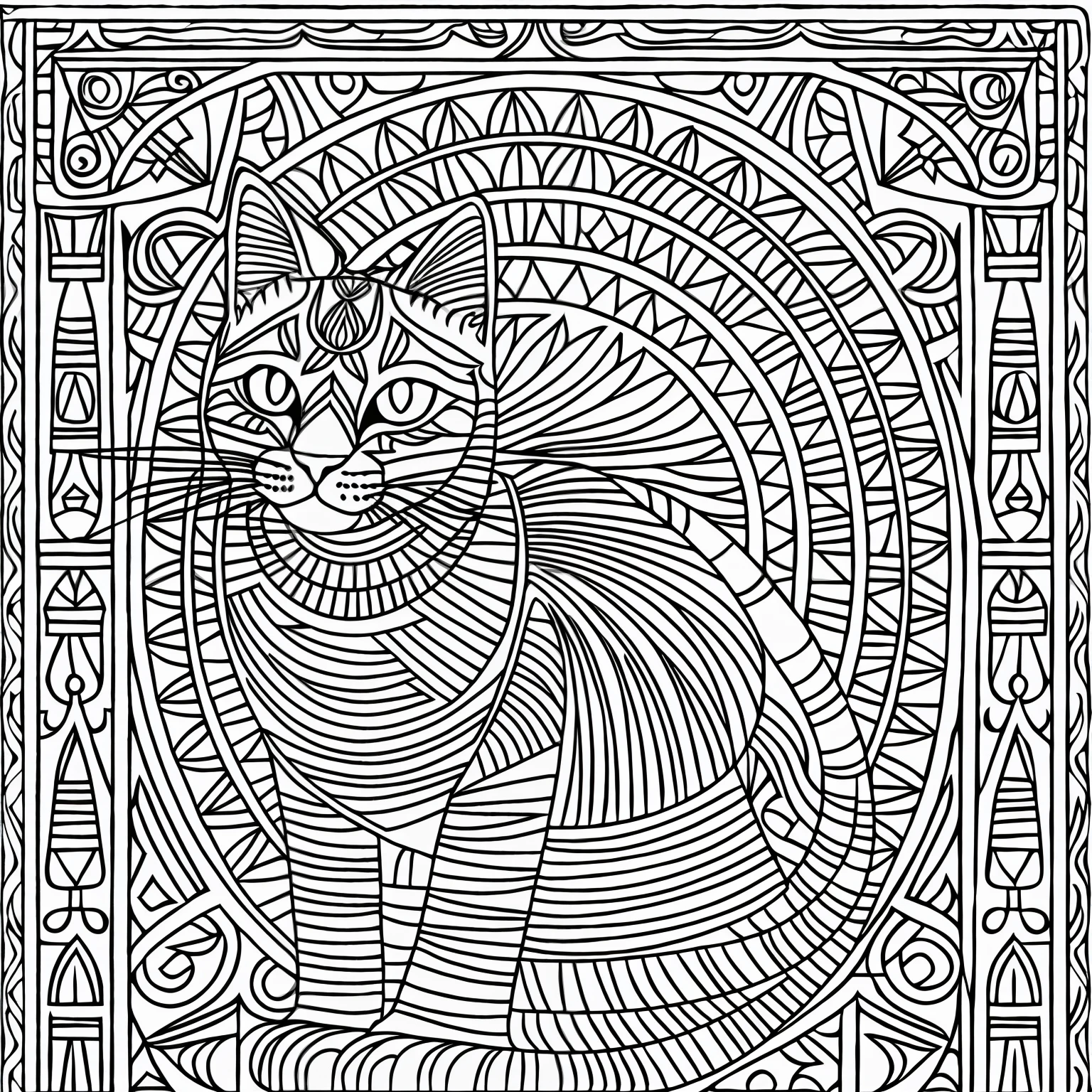 Coloring book style a cat egypt, highly detailed, monochrome