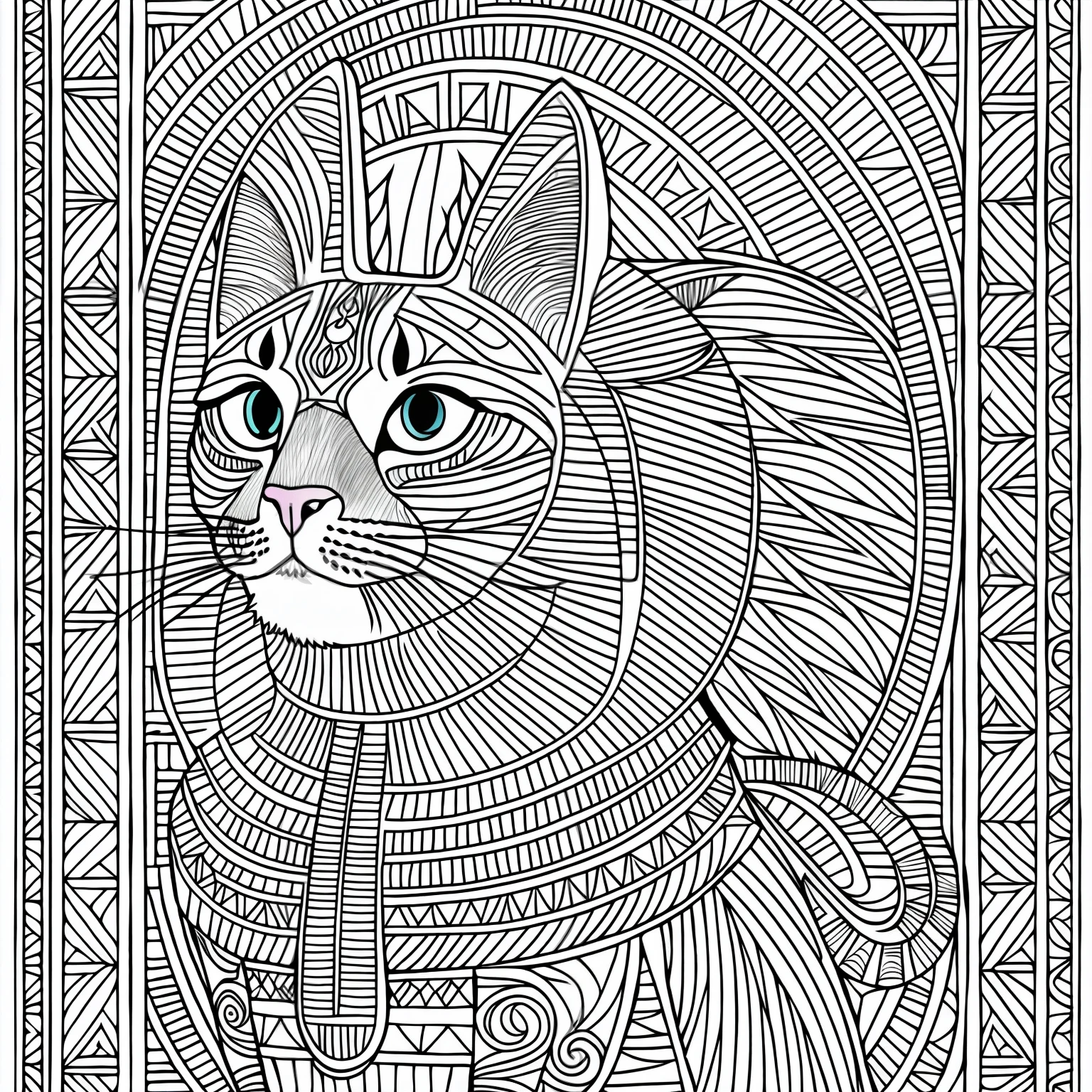 Coloring book style a cat egypt, highly detailed, monochrome