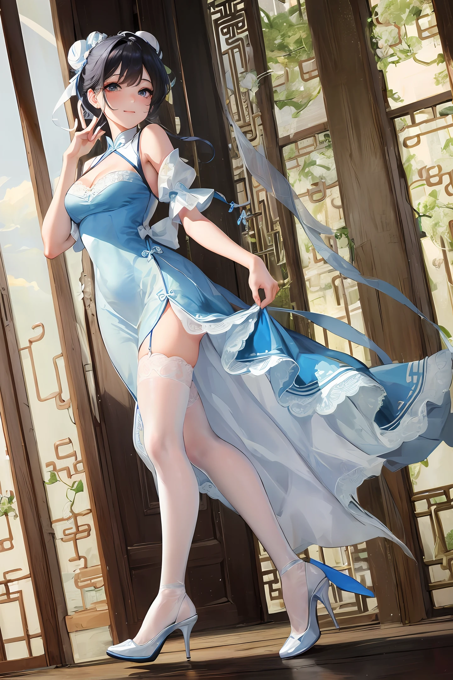 Masterpiece, top quality, 1 girl, white cloth bun bun, finger on mouth, legs wearing white stockings with lace trim, blue cheongsam, blue dress, a little cleavage, shoulders, high heels, black hair, smile, embroidered dress, Full body photo, ancient Chinese style,