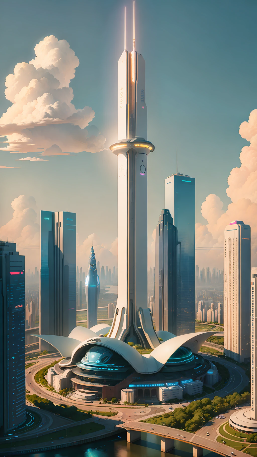 City skyline view with lake and park, illustration by Cha Shibiao, shutterstock, Art Nouveau, Shenzhen, Shenzhen, Shenzhen. Guangjian, the ultra-wide view of the urban landscape, the sci-fi buildings that break through the imagination, all buildings have a sense of technology and are full of technology. A sci-fi blockbuster with a sense of sight. There are flying saucers and spaceships looming in the sky. Architecture combined with lighting. Neon building. Beautiful city of the future, beautiful cityscape, tech city background, Hou porcelain, with a city in the background. Inspired by Makoto Shinkai's popular concept art and masterpieces on pixiv, vision (wide angle lens), super high resolution (fidelity: 1.4), super high quality, extremely detailed CG Unity 8k wallpapers, aesthetics, award winning photography, real High Detail, Detail Enhancement, Blur Removal, Intricacy, Traveling Art. Visually stunning. Beautiful future city, beautiful city, dream land of Chinese people, pexels, blue hour photography, Chinese dreamland, spectacular clouds, fantasy clouds.