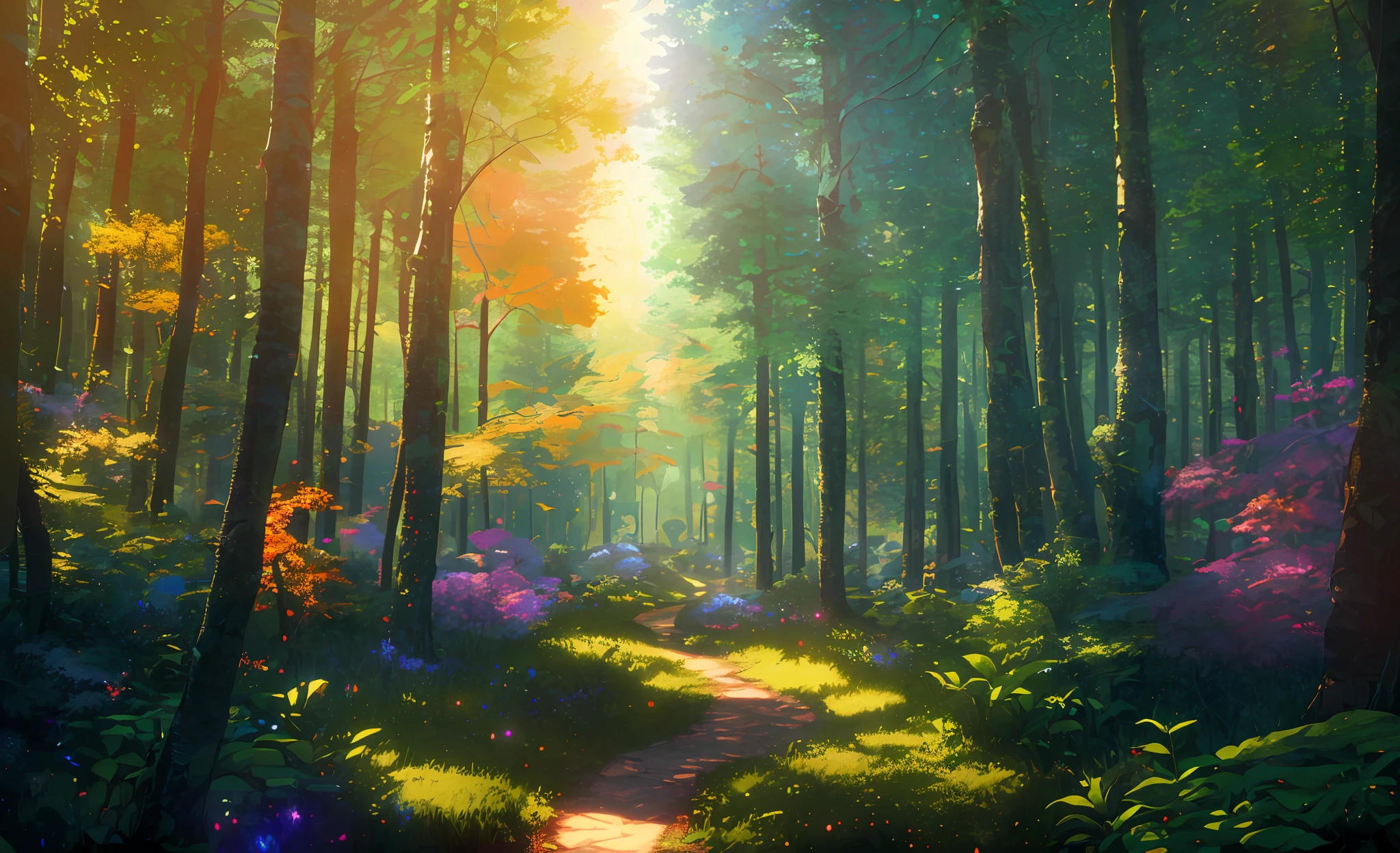Top quality masterpiece (green forest), beautiful sun (highly detailed CG unity 8k wallpaper), (best quality), (best illustration), (best shadows), glowing sprites, glowing deer drinking water in a pool, forest-themed nature elements . Mysterious forest, beautiful forest, nature surrounded by flowers, delicate leaves and branches surrounded by fireflies (natural elements), (jungle theme), (leaves), (branches), (fireflies), (particle effects), etc. 3D , octa rendering, ray tracing, hyper detail
