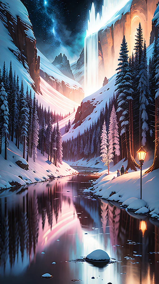 Snowy river with pink lights in the middle, matte paintings by Marie Bashkirtseff, tumblr, fantasy art, dreamy scenery. Streaming lights, magical colors and atmosphere, magical colors and atmosphere, magical scenery, breathtaking lights, amazing lights shine, very magical and dreamy, surreal frozen landscape, psychedelic ski resort, glowing Snow, beautiful glowing lights, stunning backgrounds, beautiful backgrounds with enhanced details.